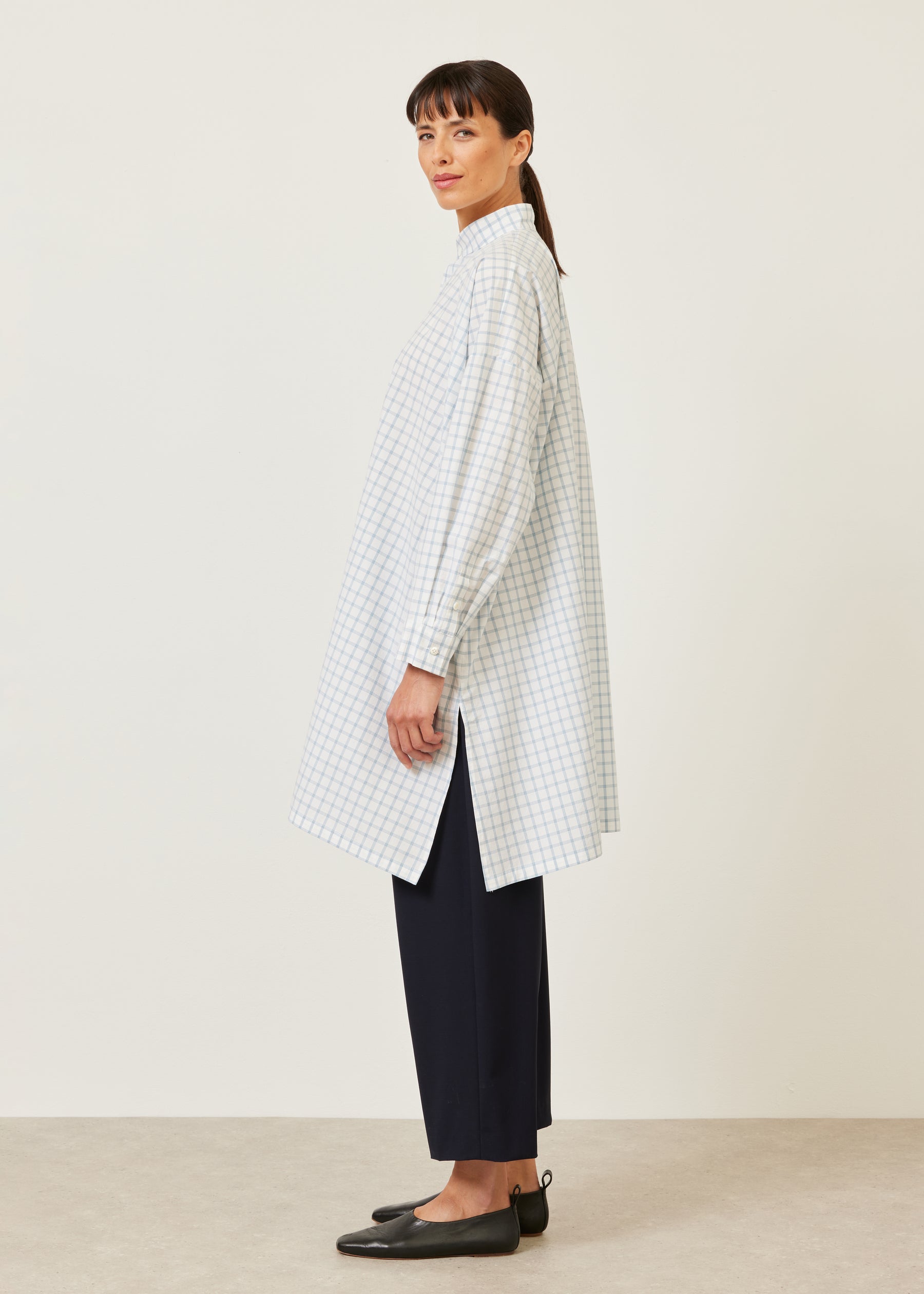 wide A-line collarless shirt - very long with slits