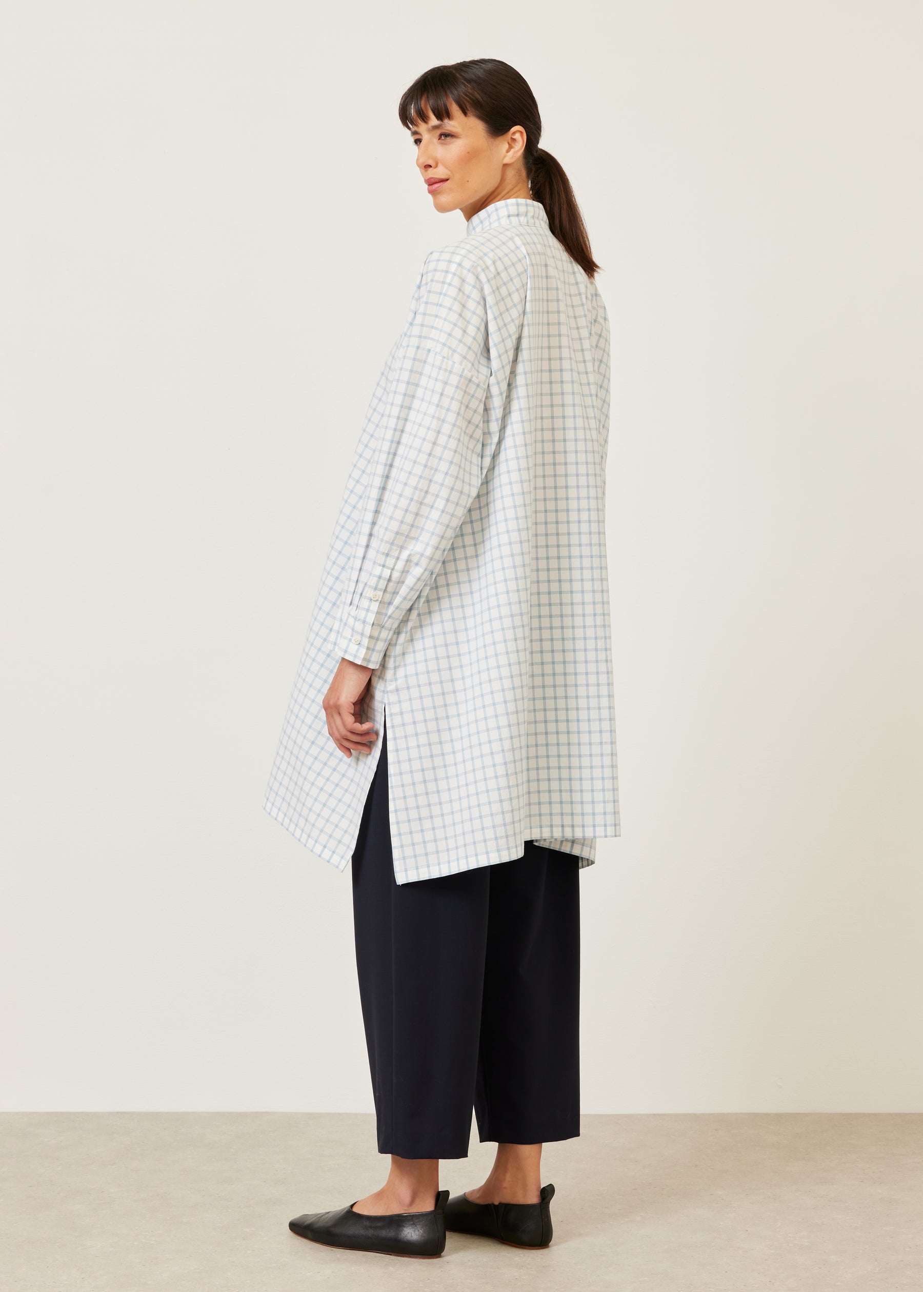 wide A-line collarless shirt - very long with slits