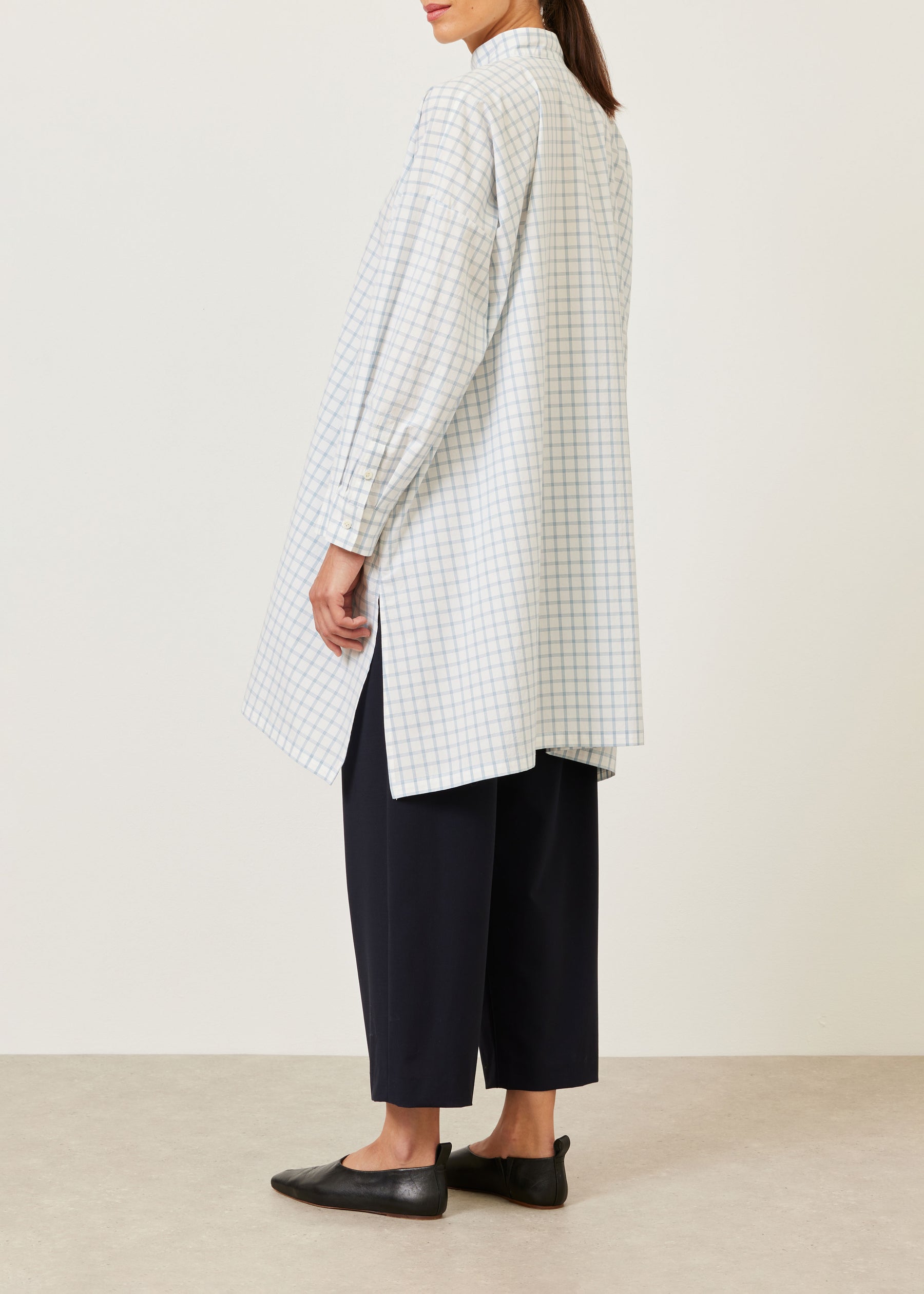 cotton wide a-line collarless shirt - very long with slits