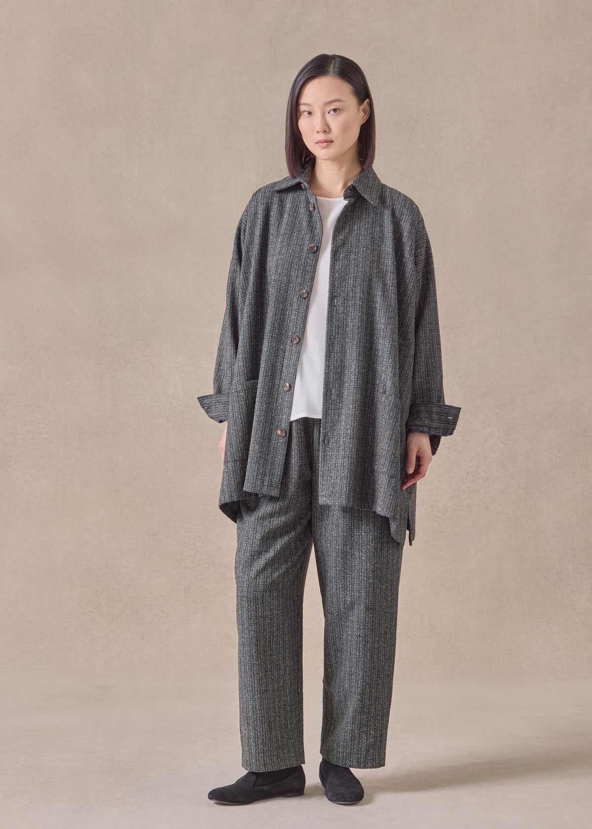 wool silk mix wide A-line shirt jacket with collar - long