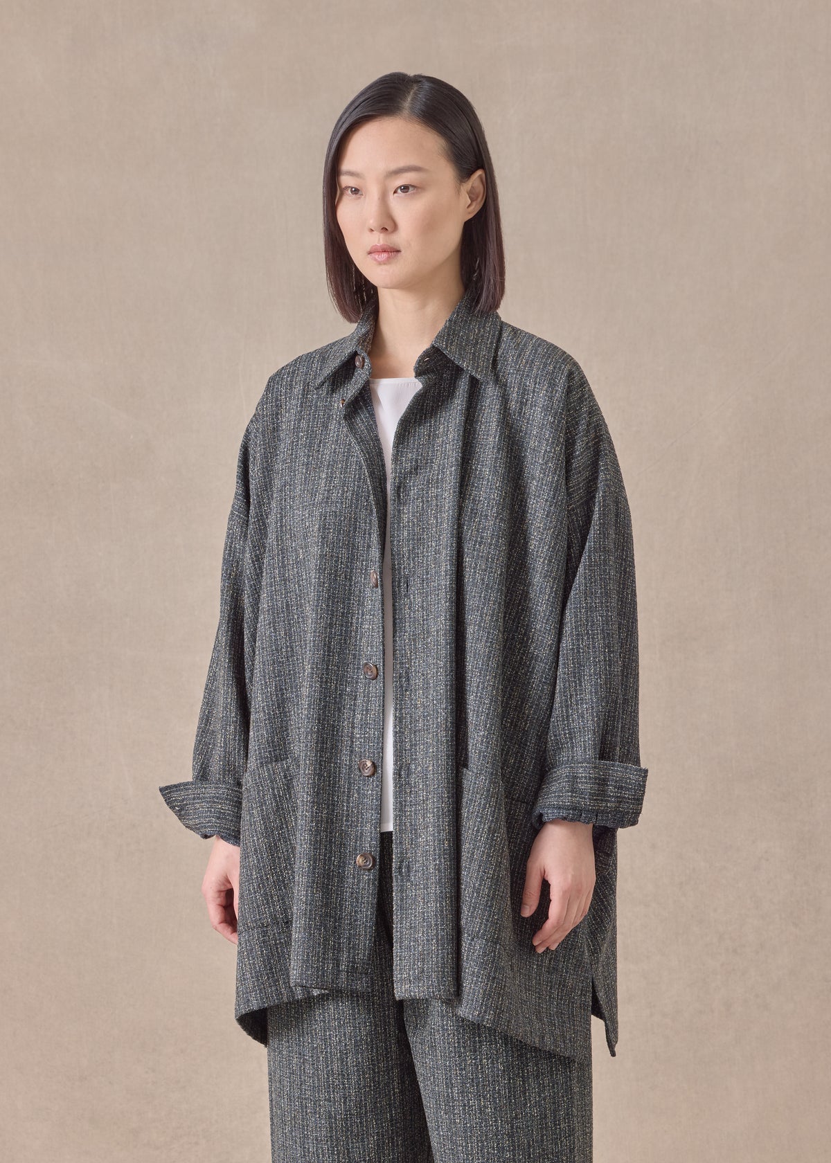 wool silk mix wide A-line shirt jacket with collar - long