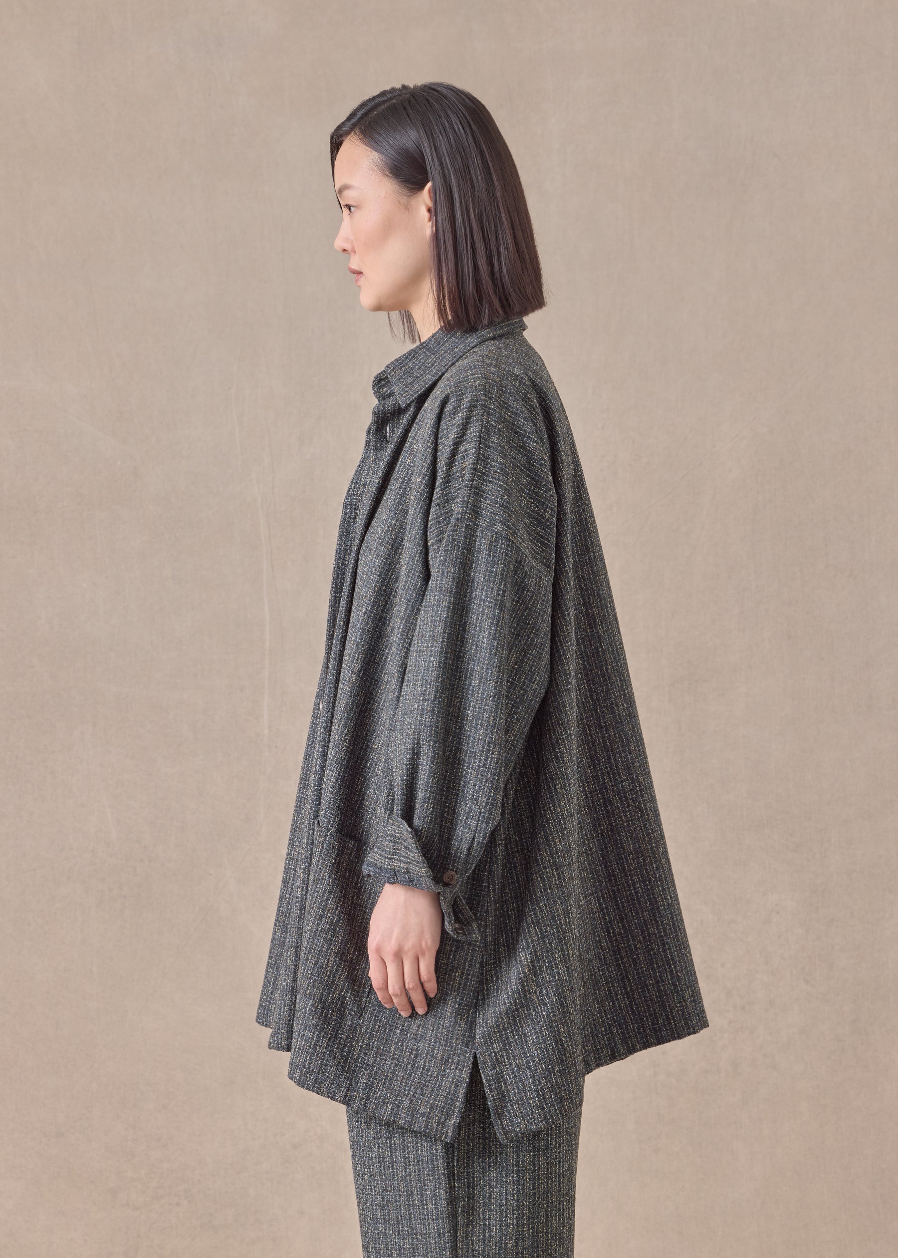 wool silk mix wide A-line shirt jacket with collar - long