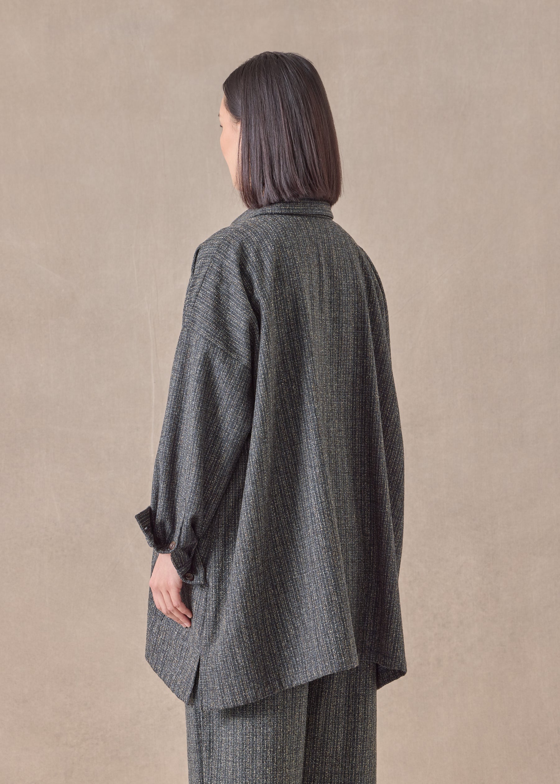 wool silk mix wide A-line shirt jacket with collar - long