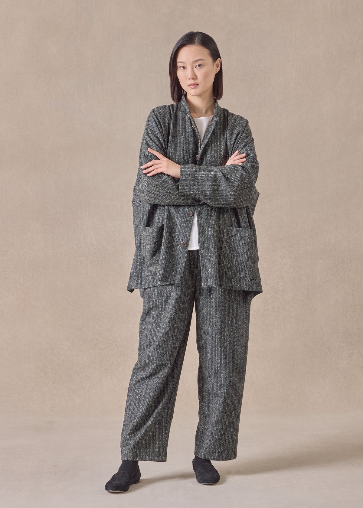 wool silk mix wide mandarin jacket - long