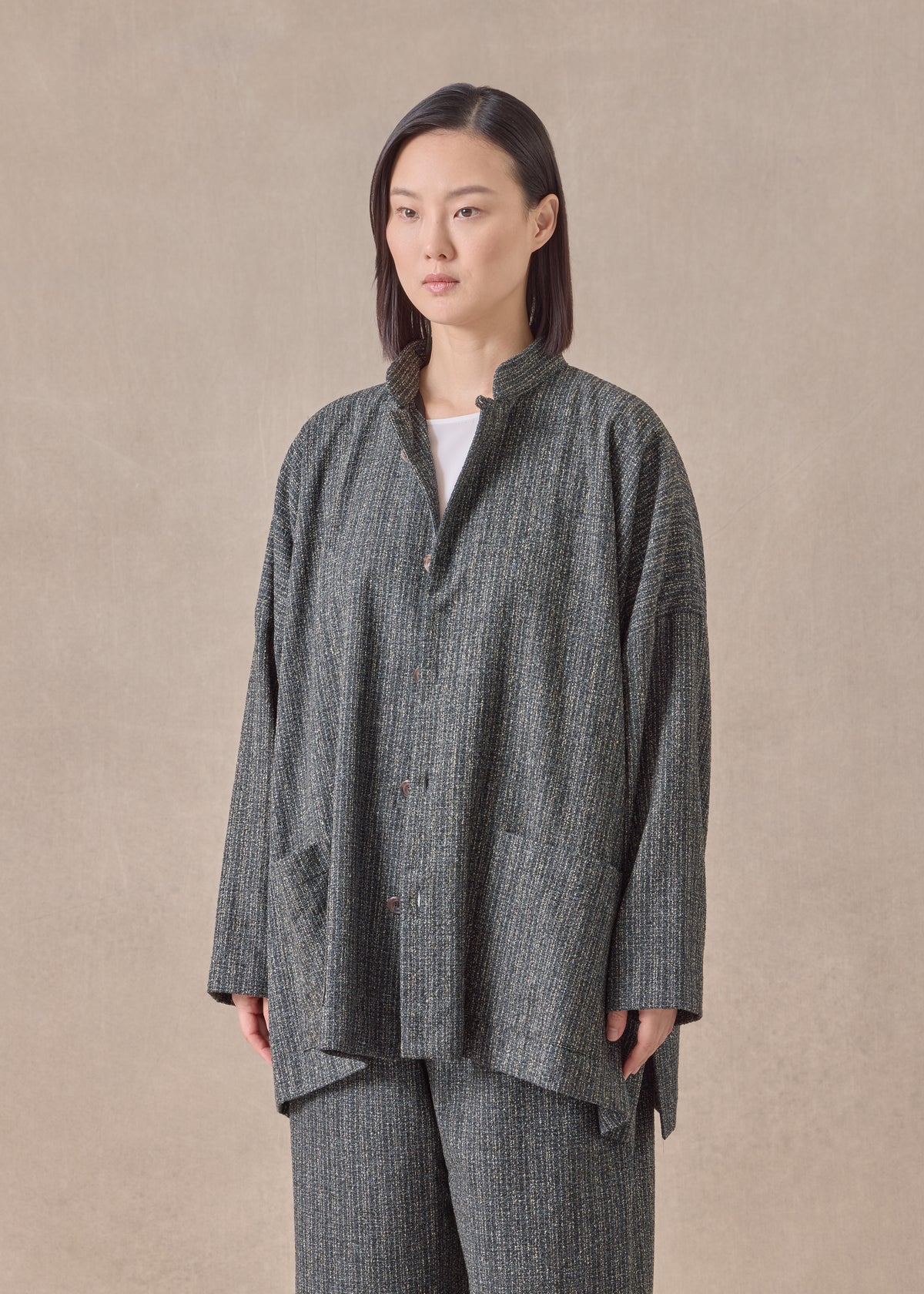 wool silk mix wide mandarin jacket - long