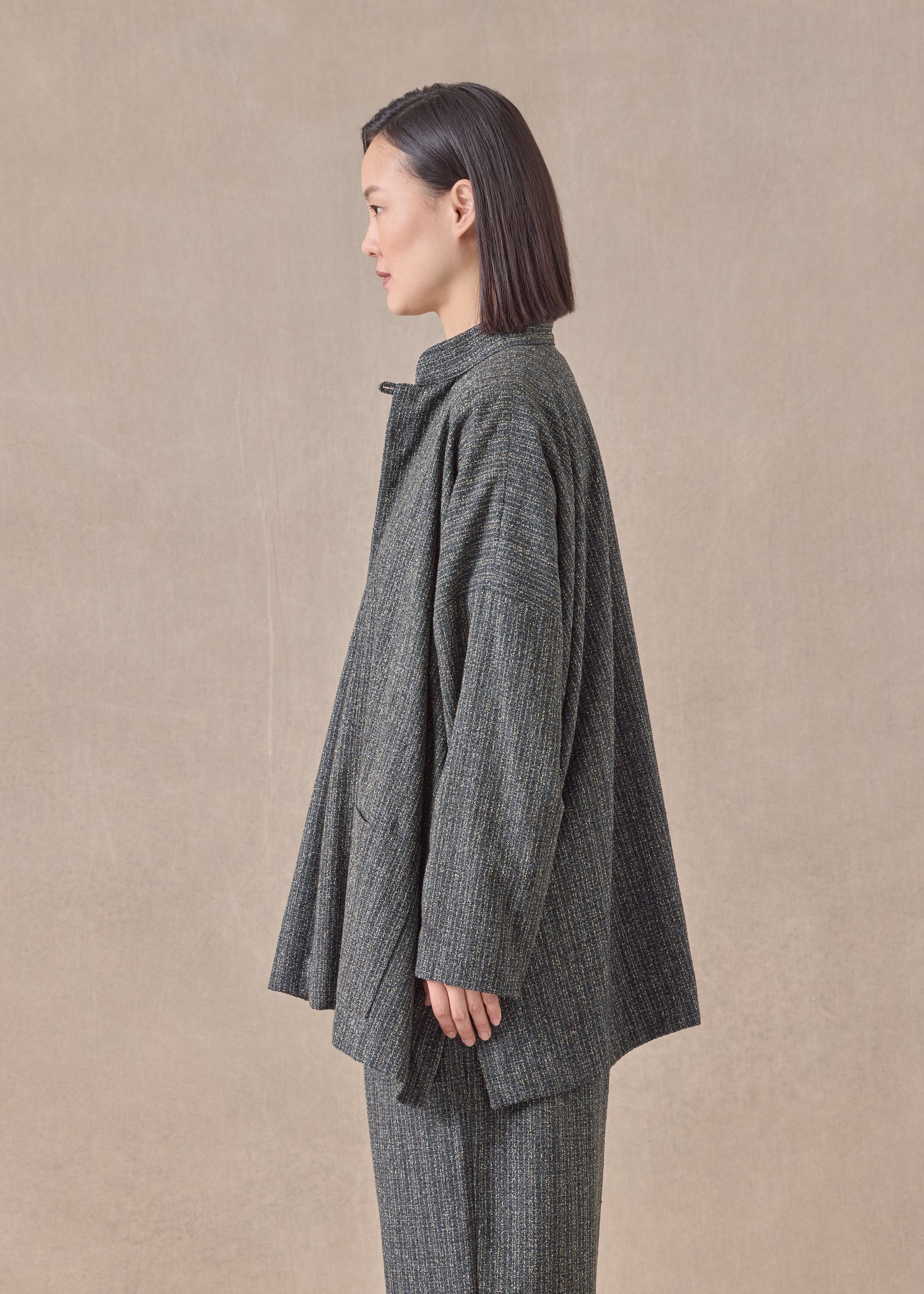 wool silk mix wide mandarin jacket - long
