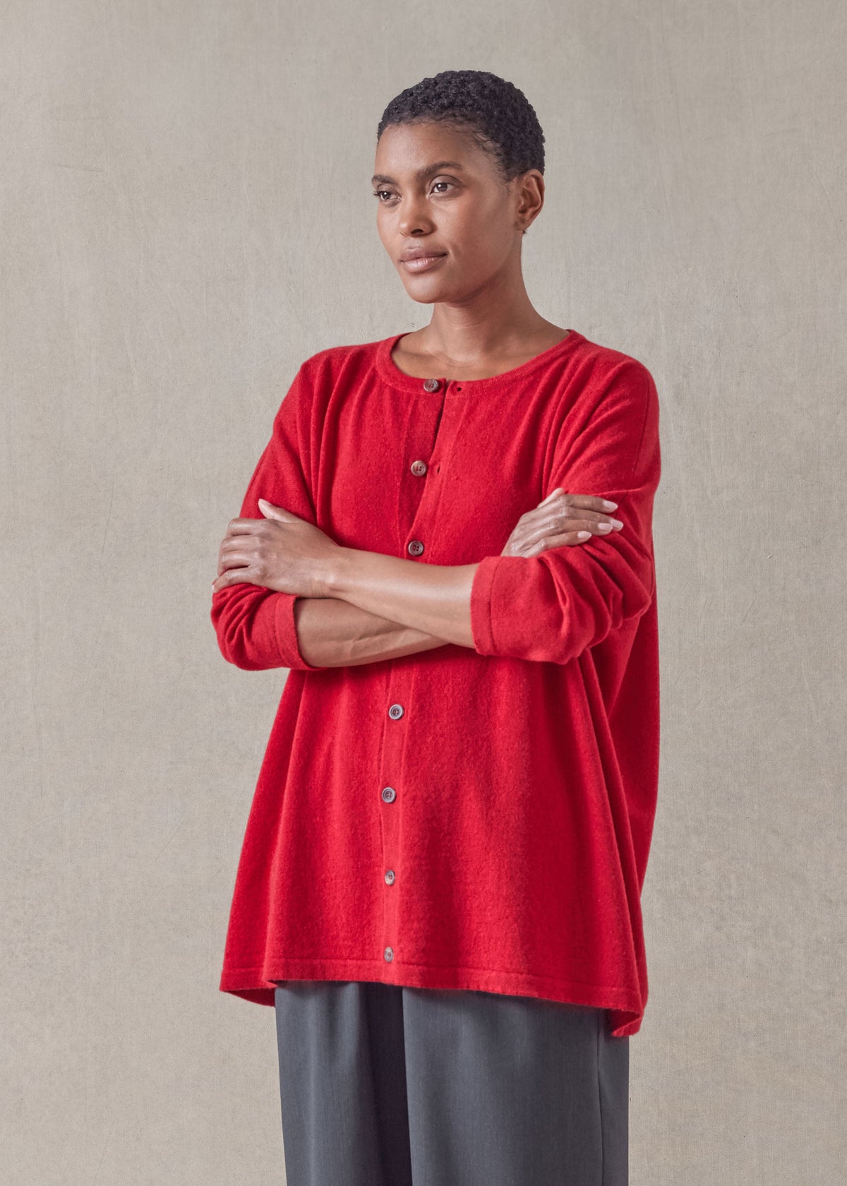 cashmere slim sleeve round neck cardigan - mid plus