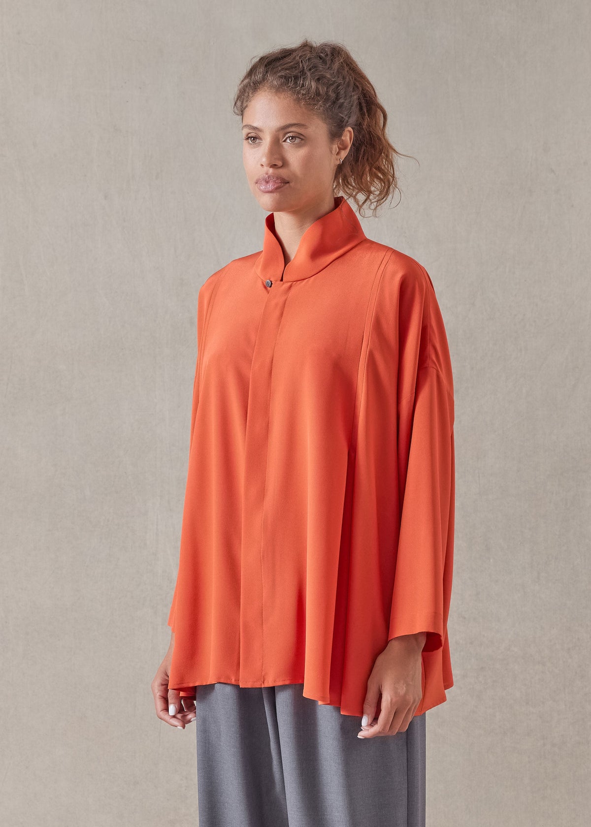 silk pleated shoulder swing shirt with chinese collar - long