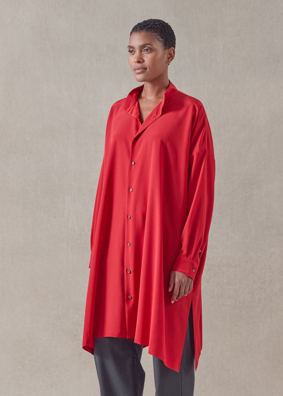 silk wide a-line collarless shirt - very long with slits