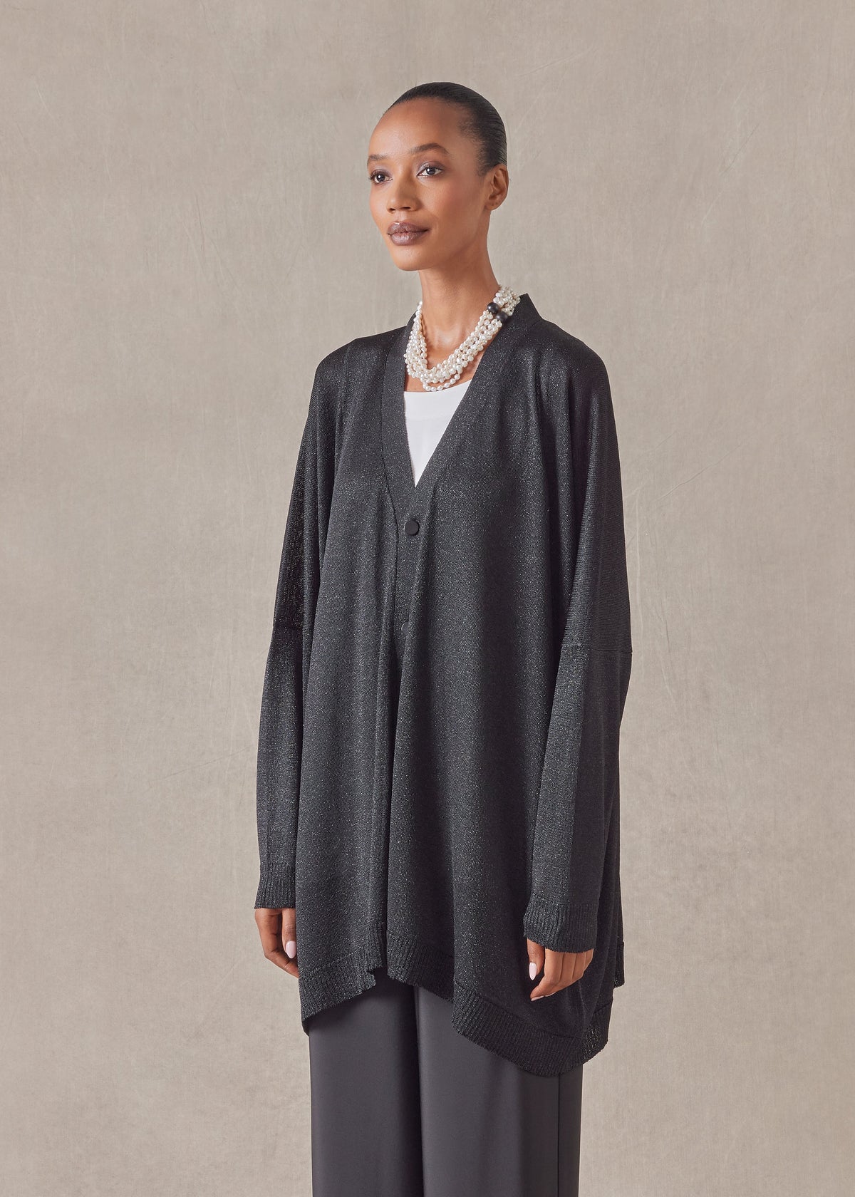 metallicised mix wide v neck knitted cardigan - long (black)