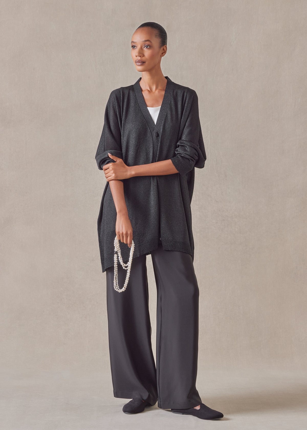 metallicised mix wide v neck knitted cardigan - long (black)