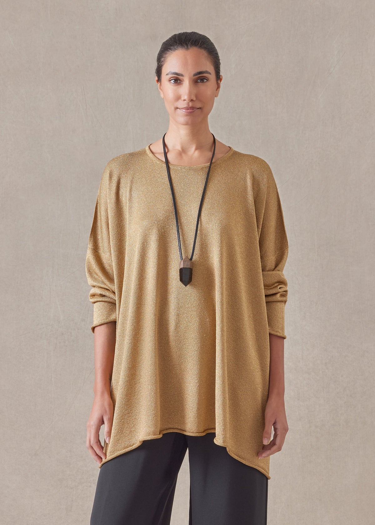 metallicised mix a-line bateau neck knitted sweater - long