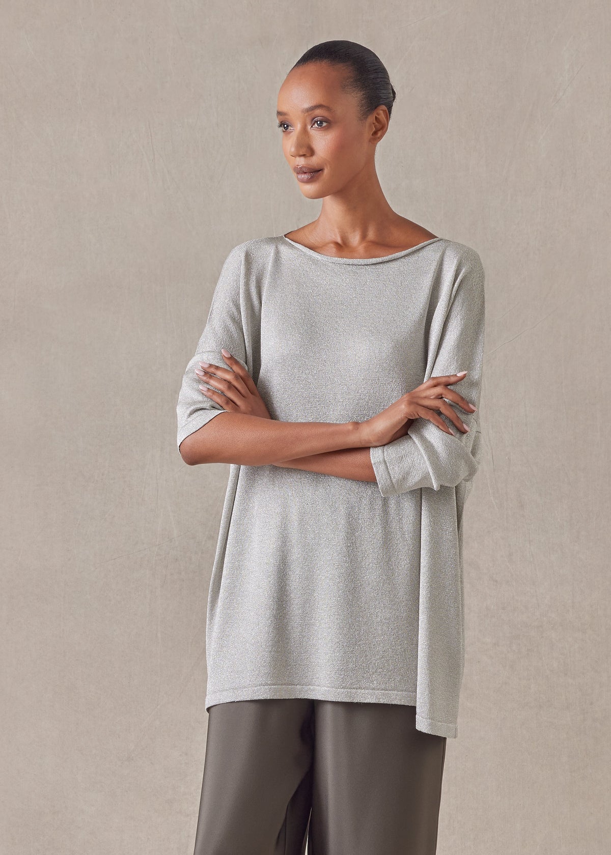 metallicised mix slim sleeve slash neck knitted sweater - mid plus