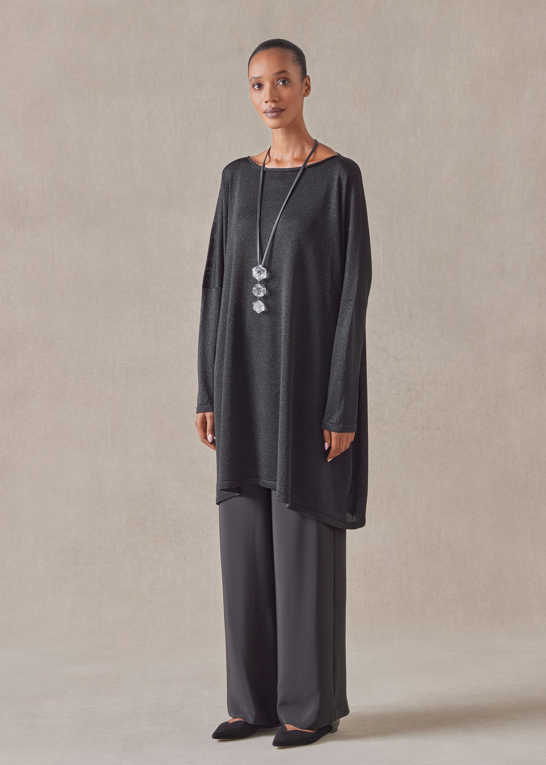 metallicised mix slim sleeve slash neck kaftan knitted sweater - long plus