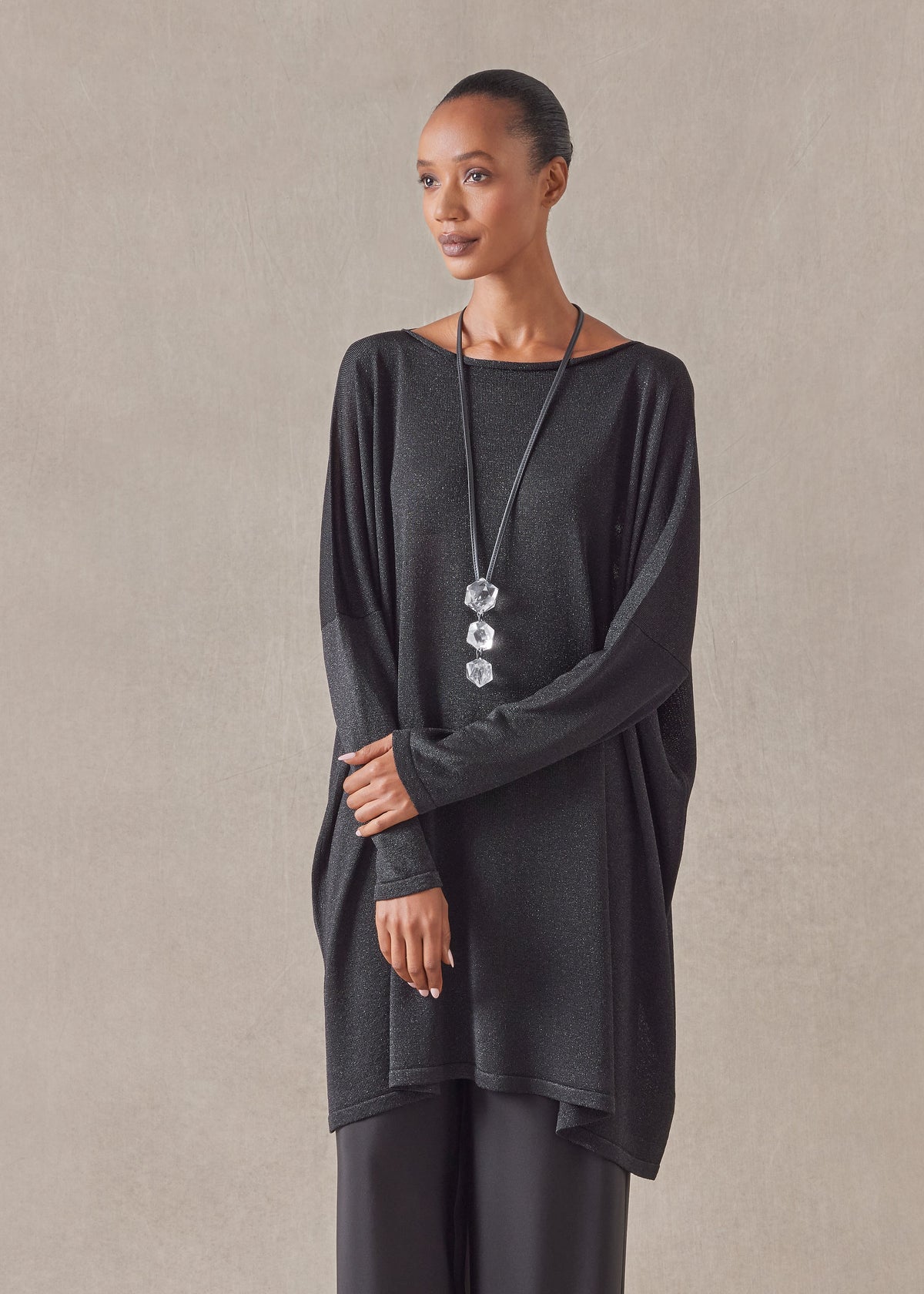 metallicised mix slim sleeve slash neck kaftan knitted sweater - long plus (black)