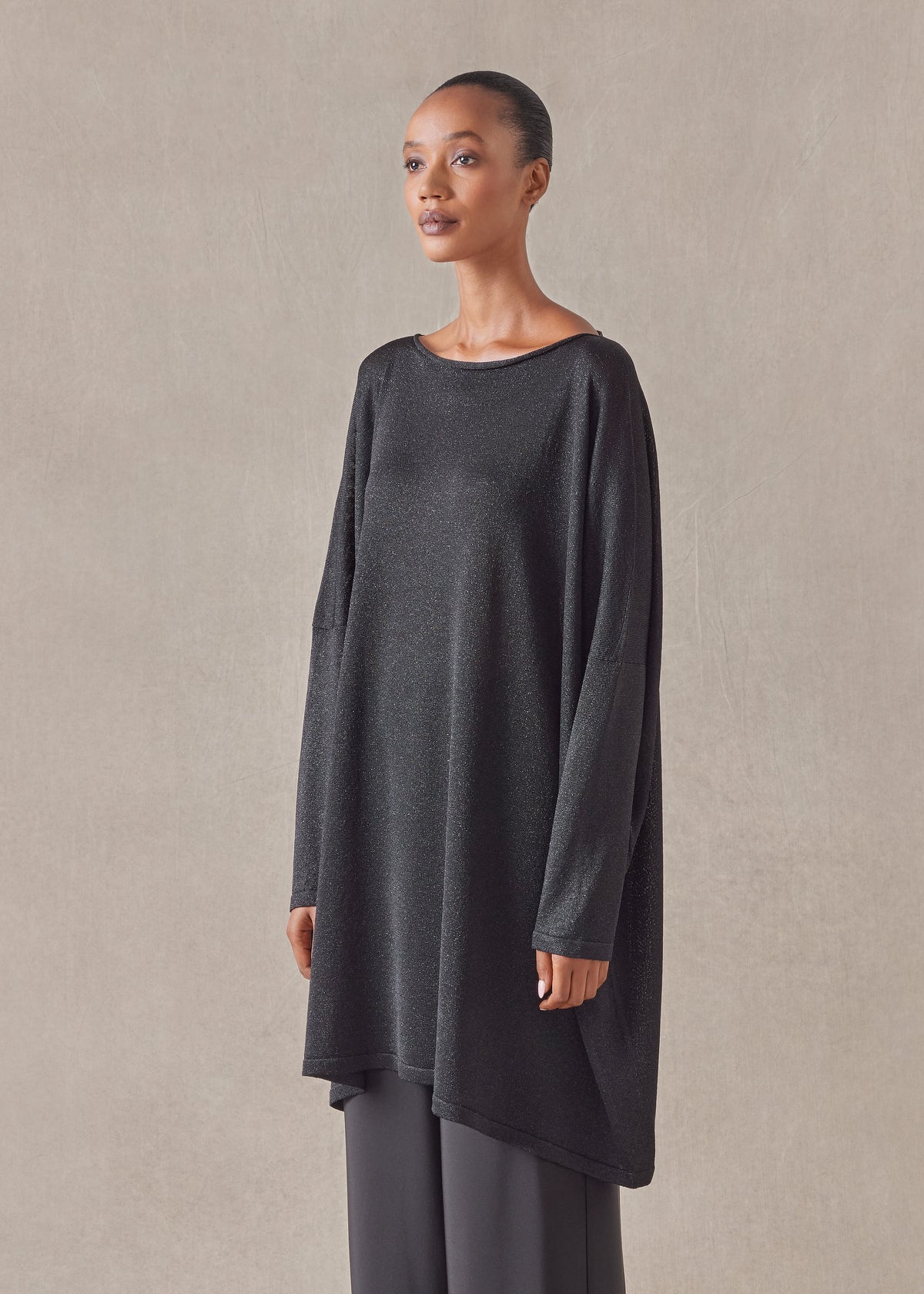 metallicised mix slim sleeve slash neck kaftan knitted sweater - long plus (black)