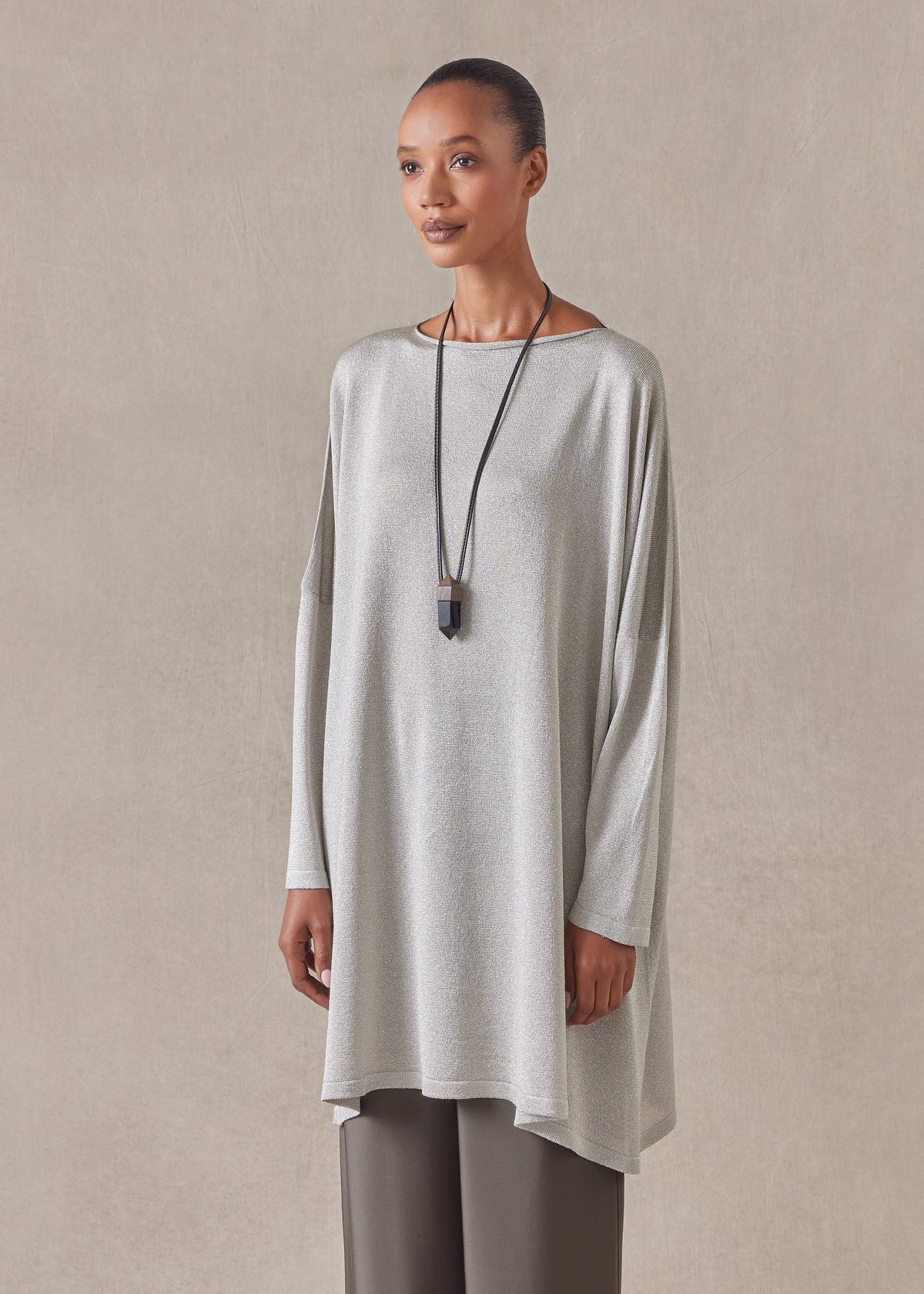 metallicised mix slim sleeve slash neck kaftan knitted sweater - long plus