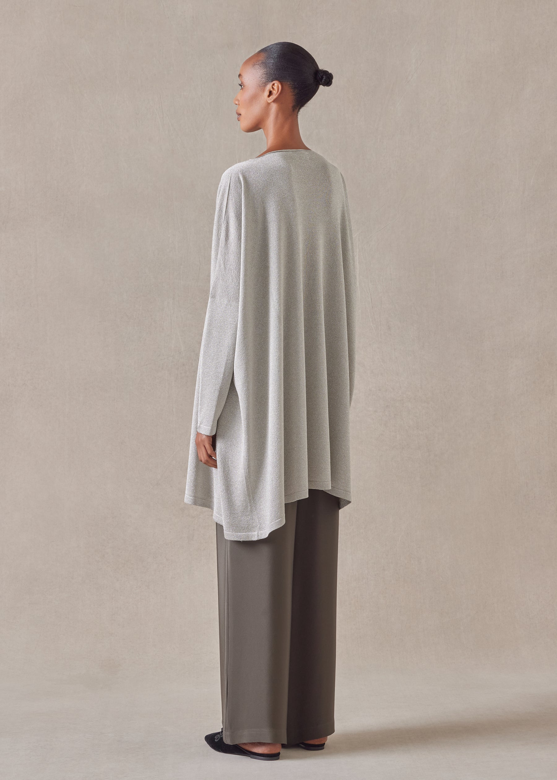 metallicised mix slim sleeve slash neck kaftan knitted sweater - long plus