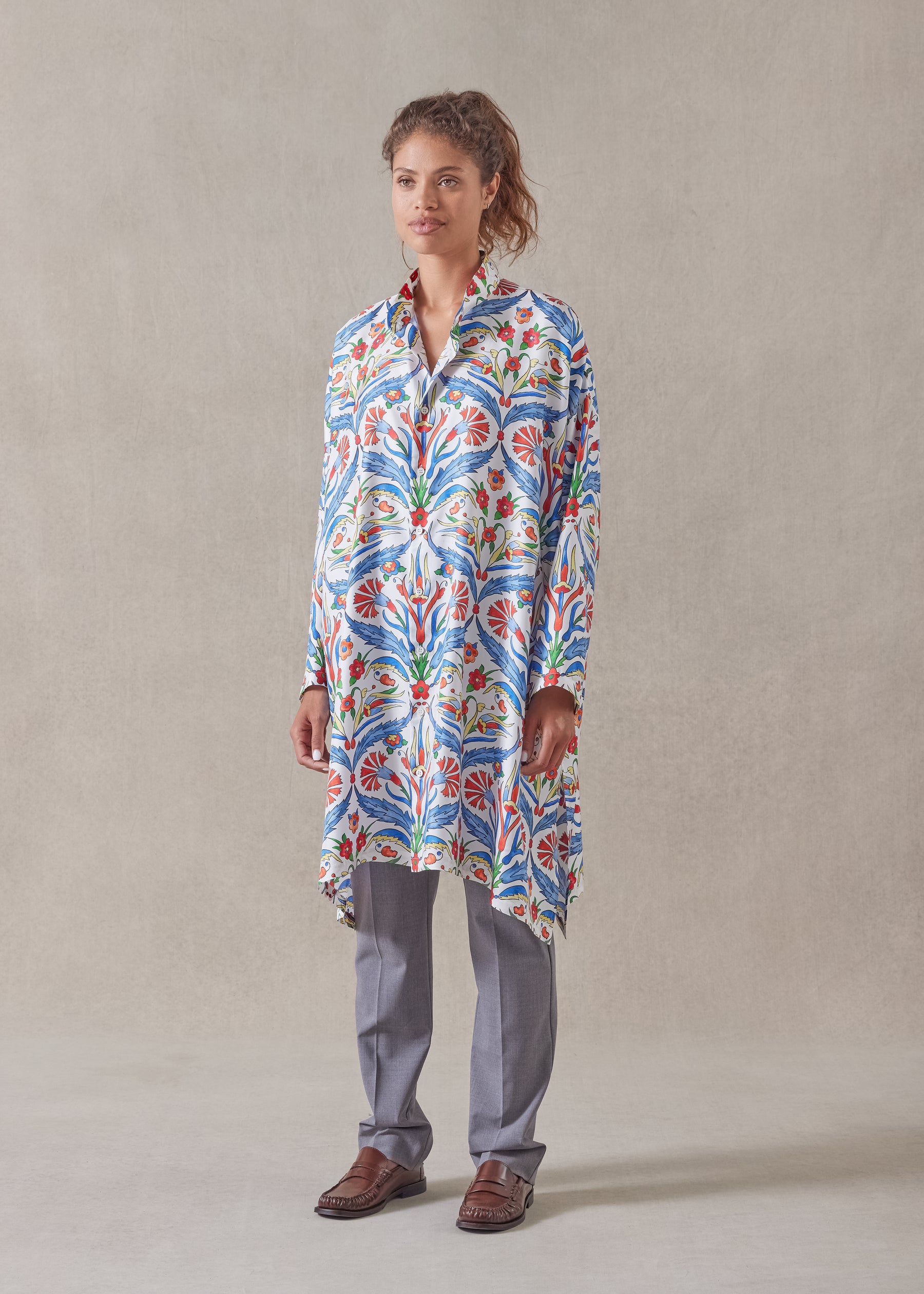 silk wide a-line collarless shirt - very long with slits