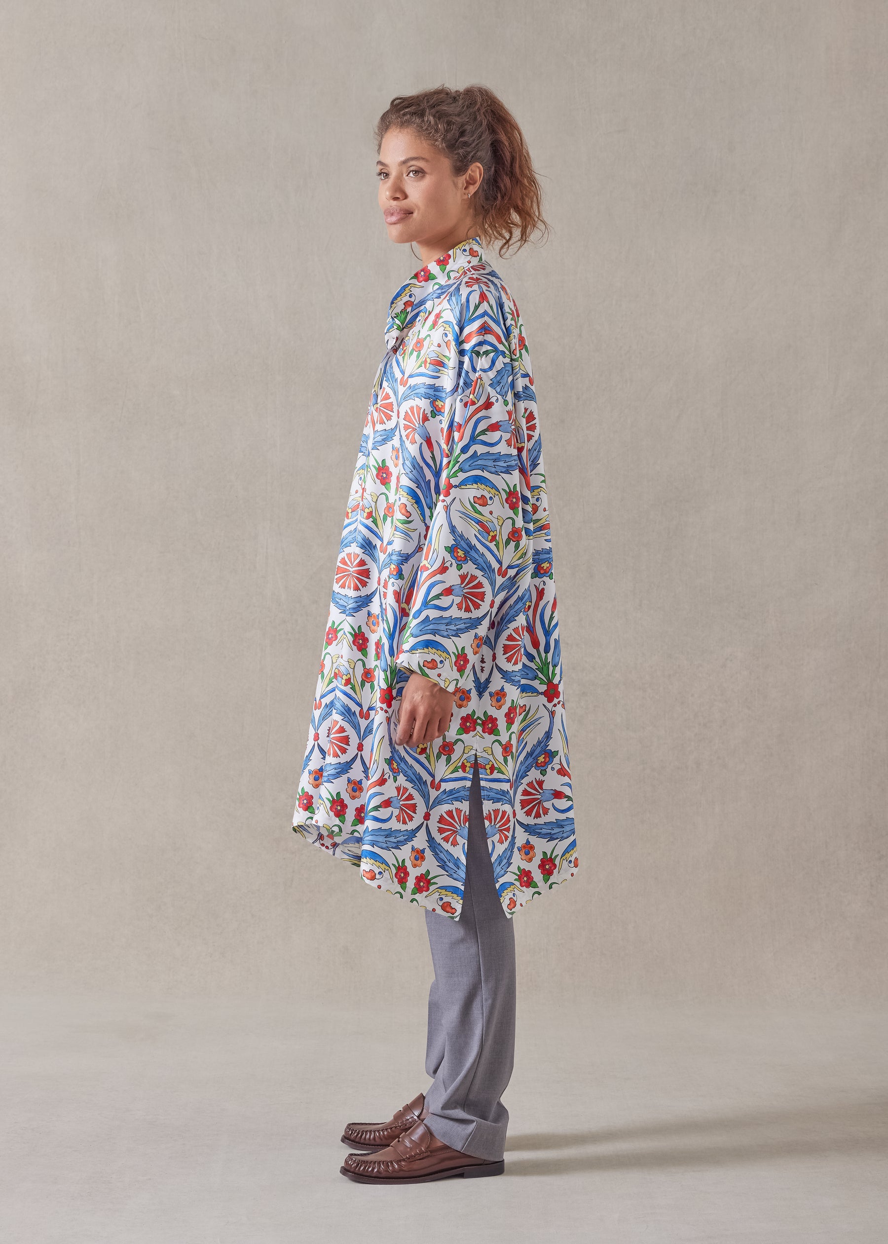 silk wide a-line collarless shirt - very long with slits