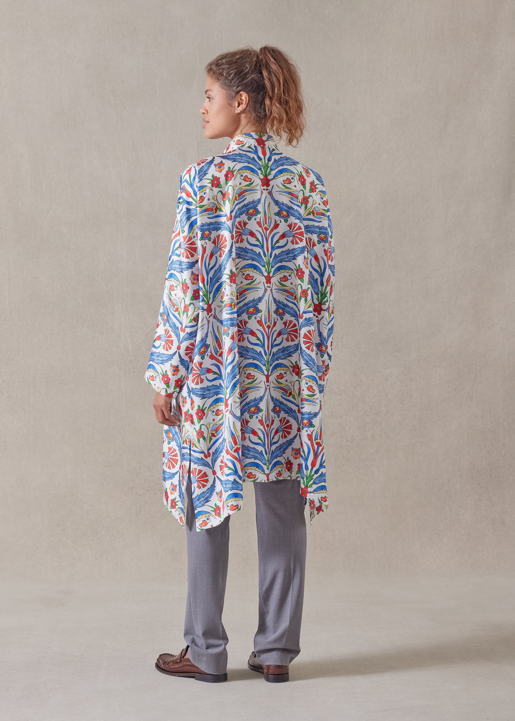 silk wide a-line collarless shirt - very long with slits