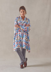 silk wide a-line collarless shirt - very long with slits