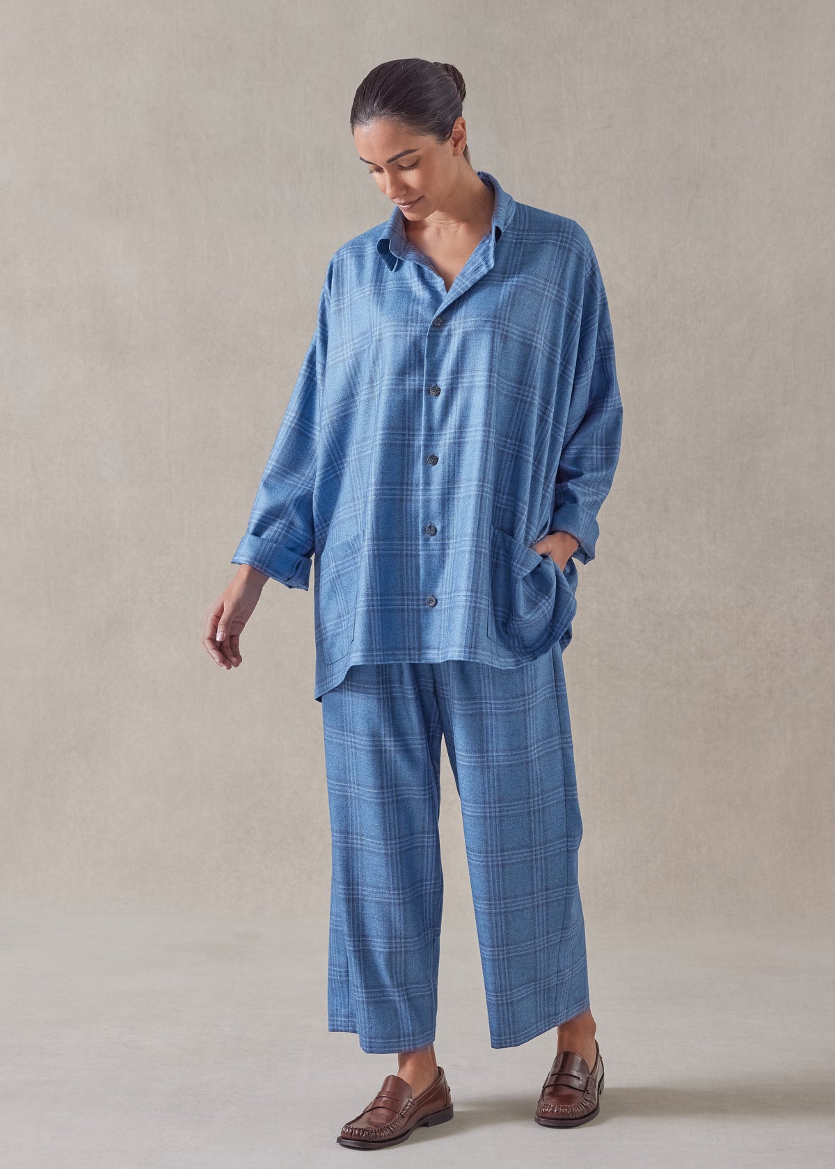 silk cashmere wide a-line shirt jacket with collar - long (bluemix)