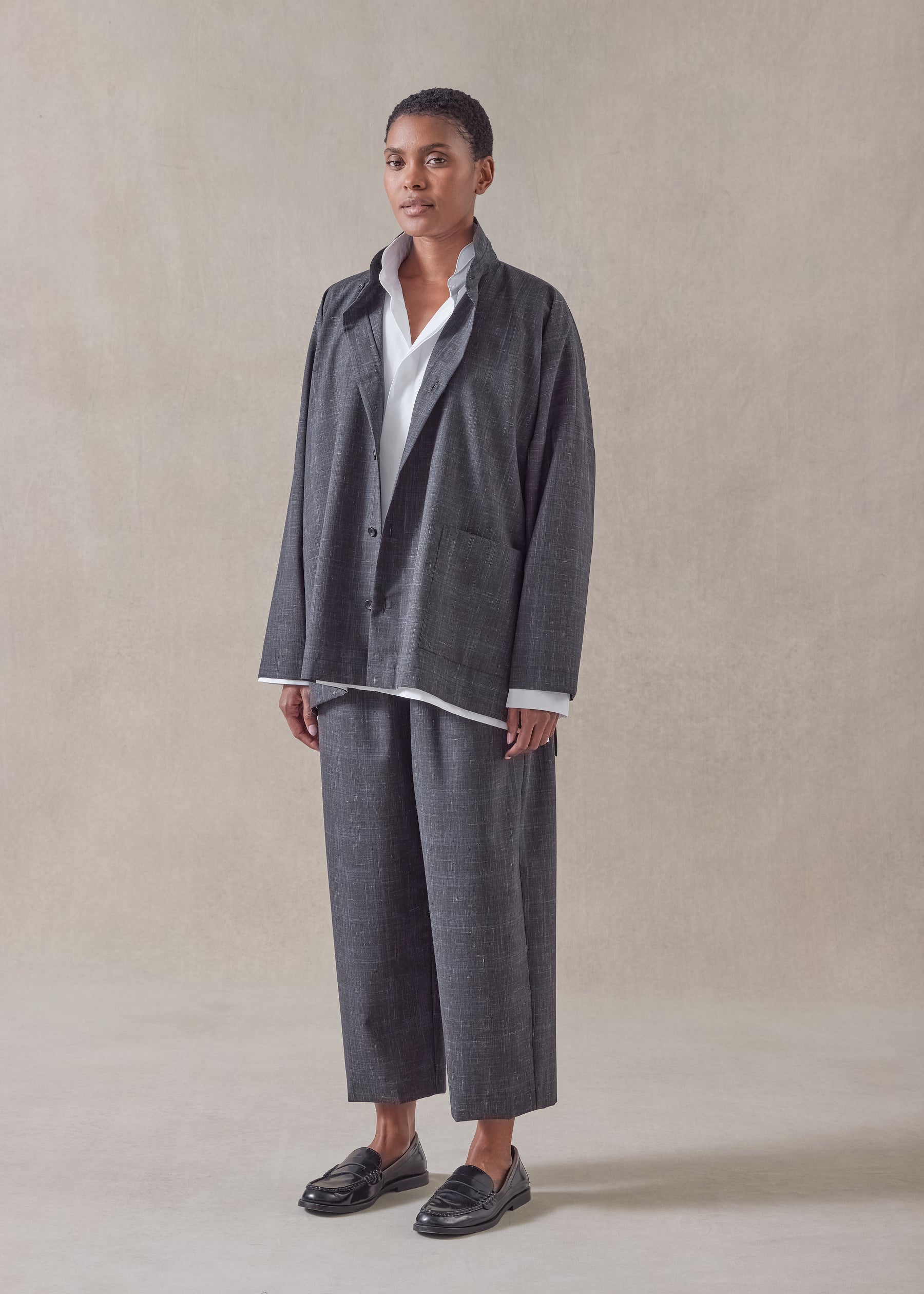 wool linen wide longer back double stand collar shirt jacket - mid plus