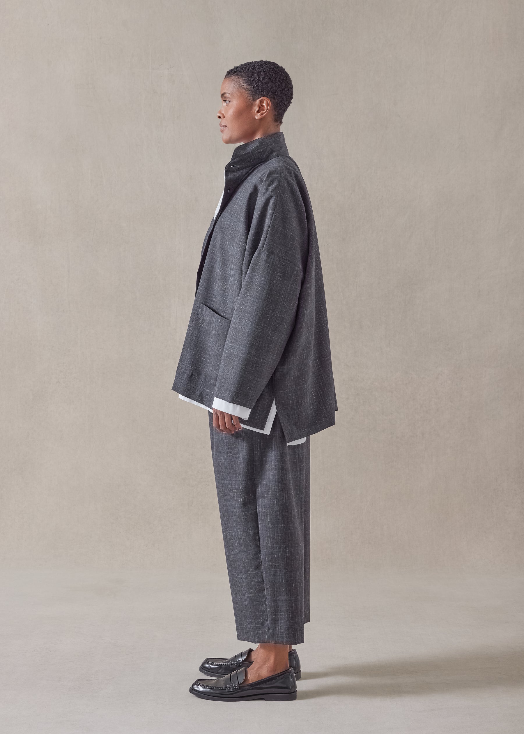wool linen wide longer back double stand collar shirt jacket - mid plus