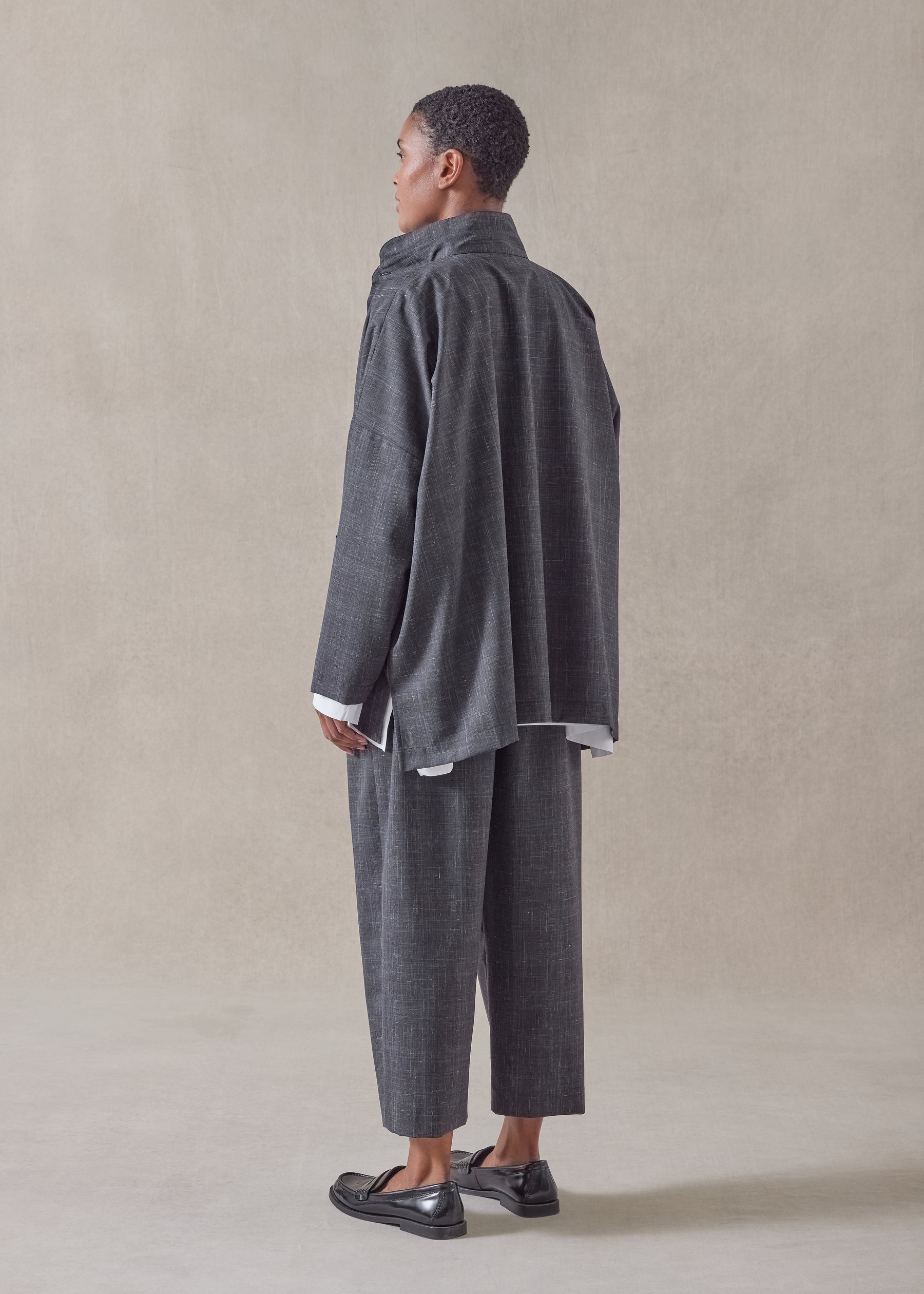 wool linen wide longer back double stand collar shirt jacket - mid plus