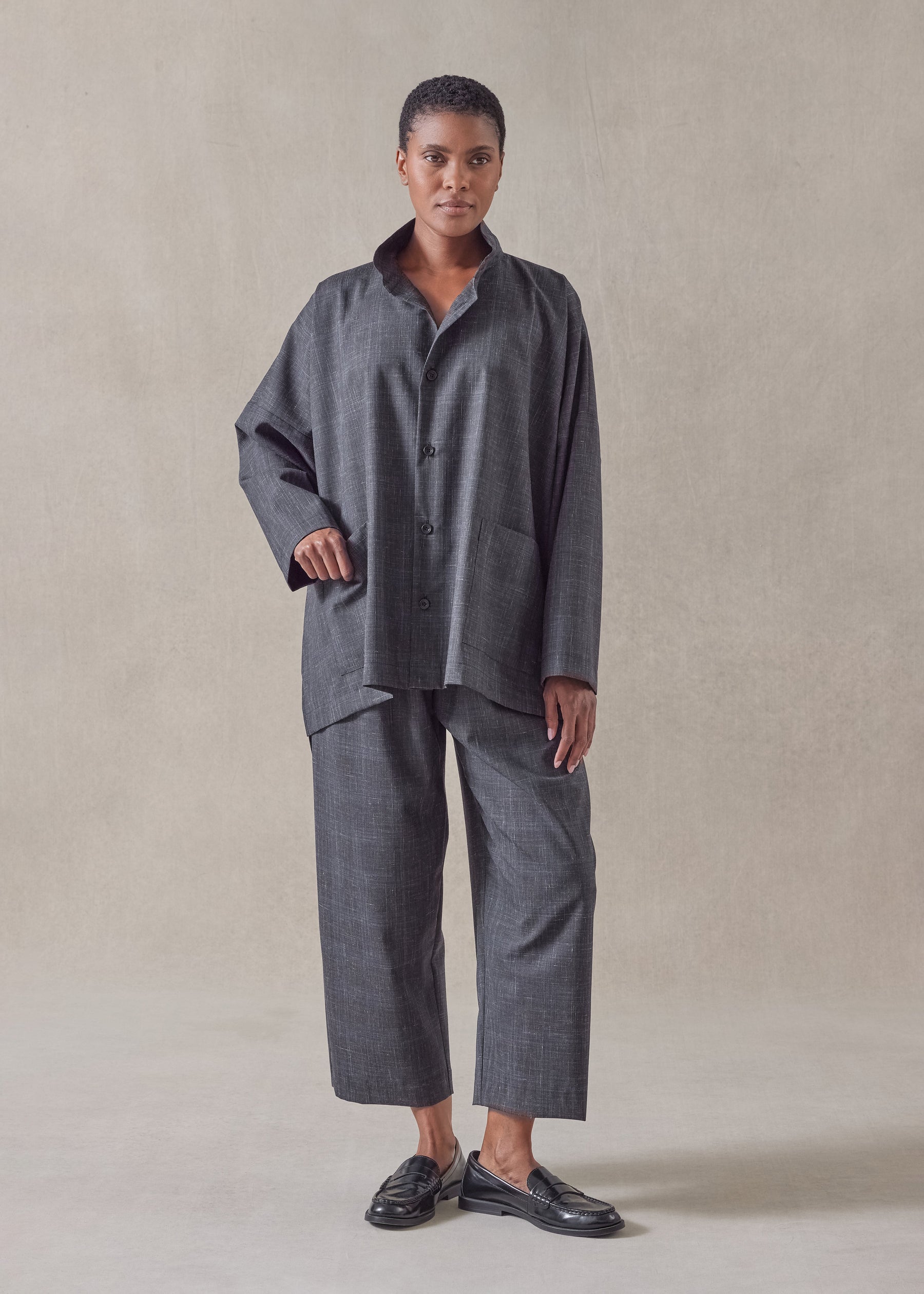 wool linen wide longer back double stand collar shirt jacket - mid plus