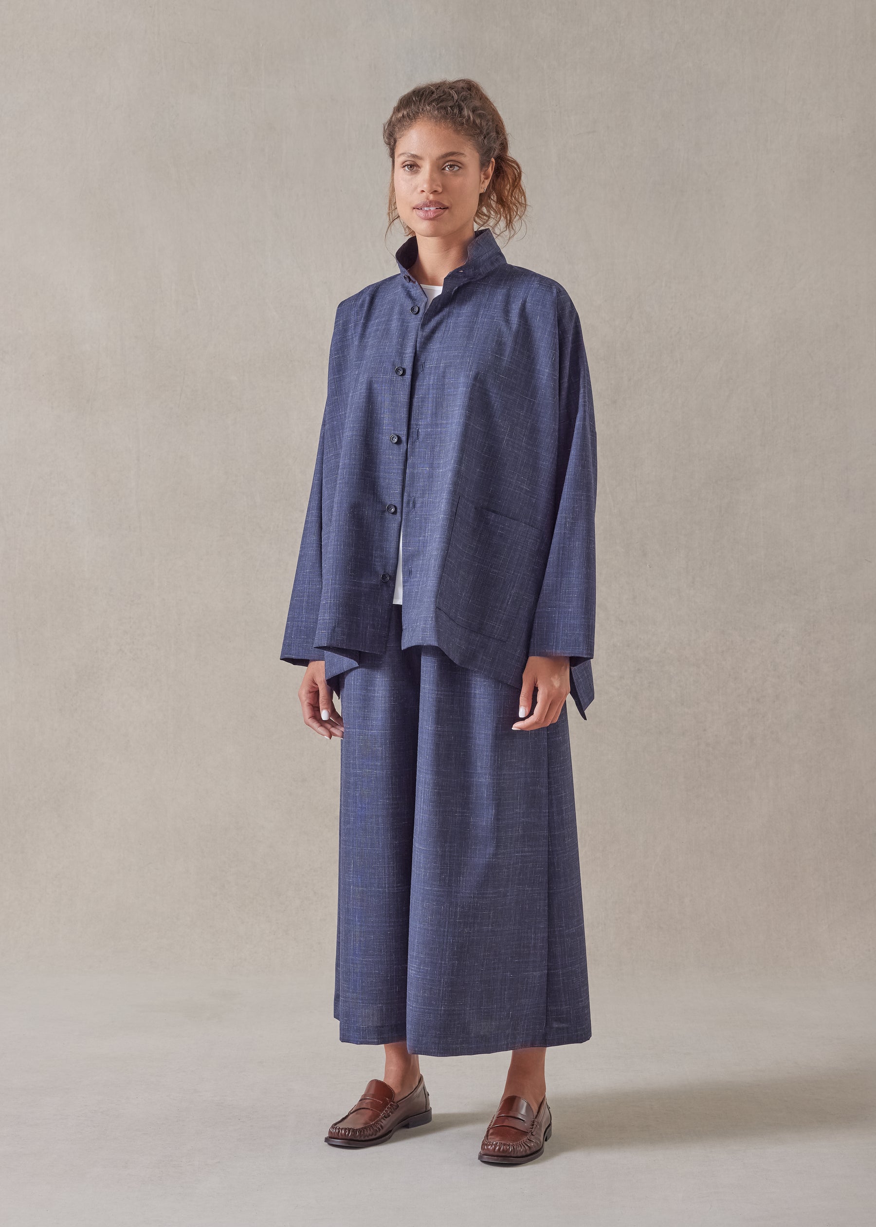 wool linen wide longer back double stand collar shirt jacket - mid plus