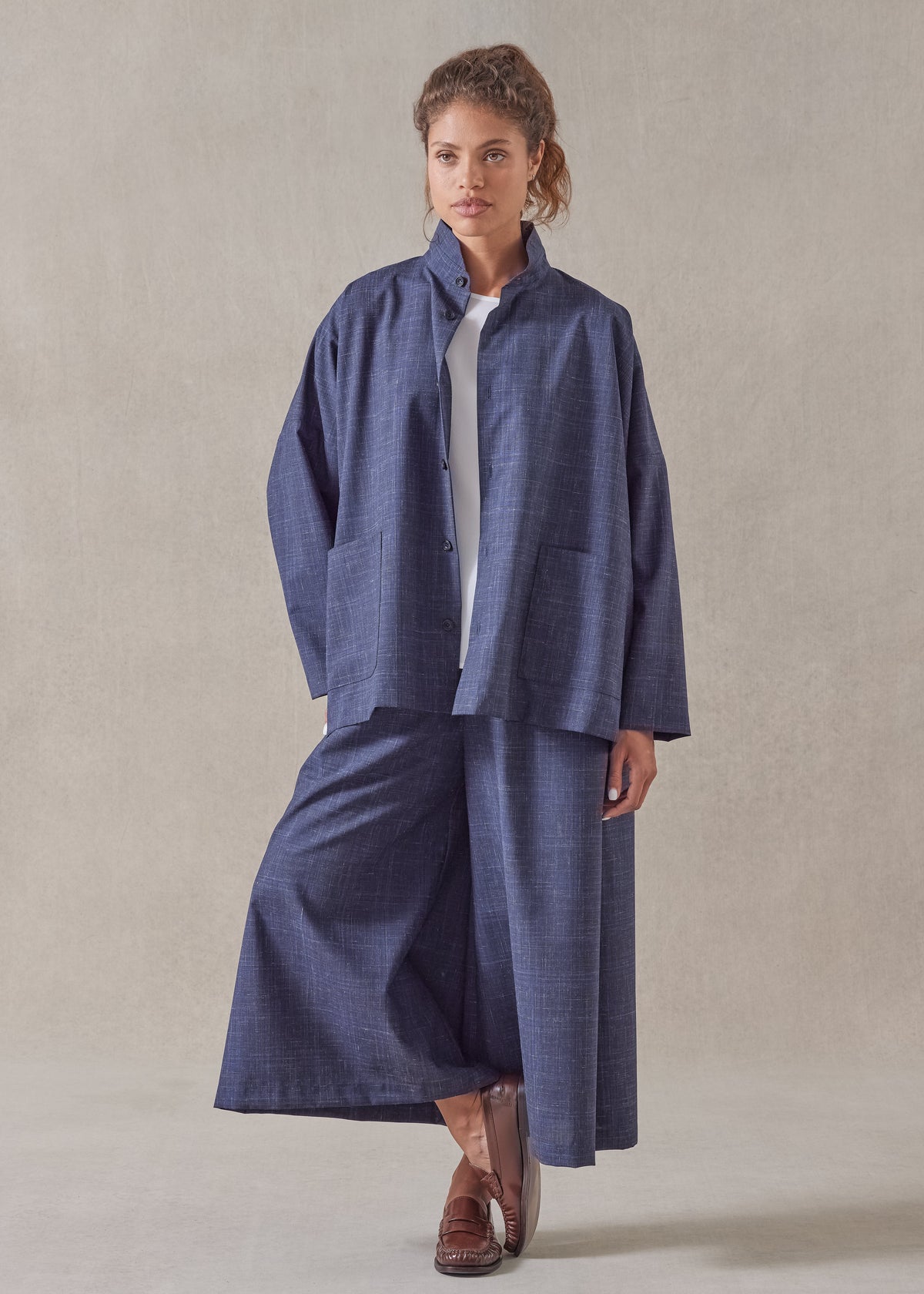 wool linen wide longer back double stand collar shirt jacket - mid plus