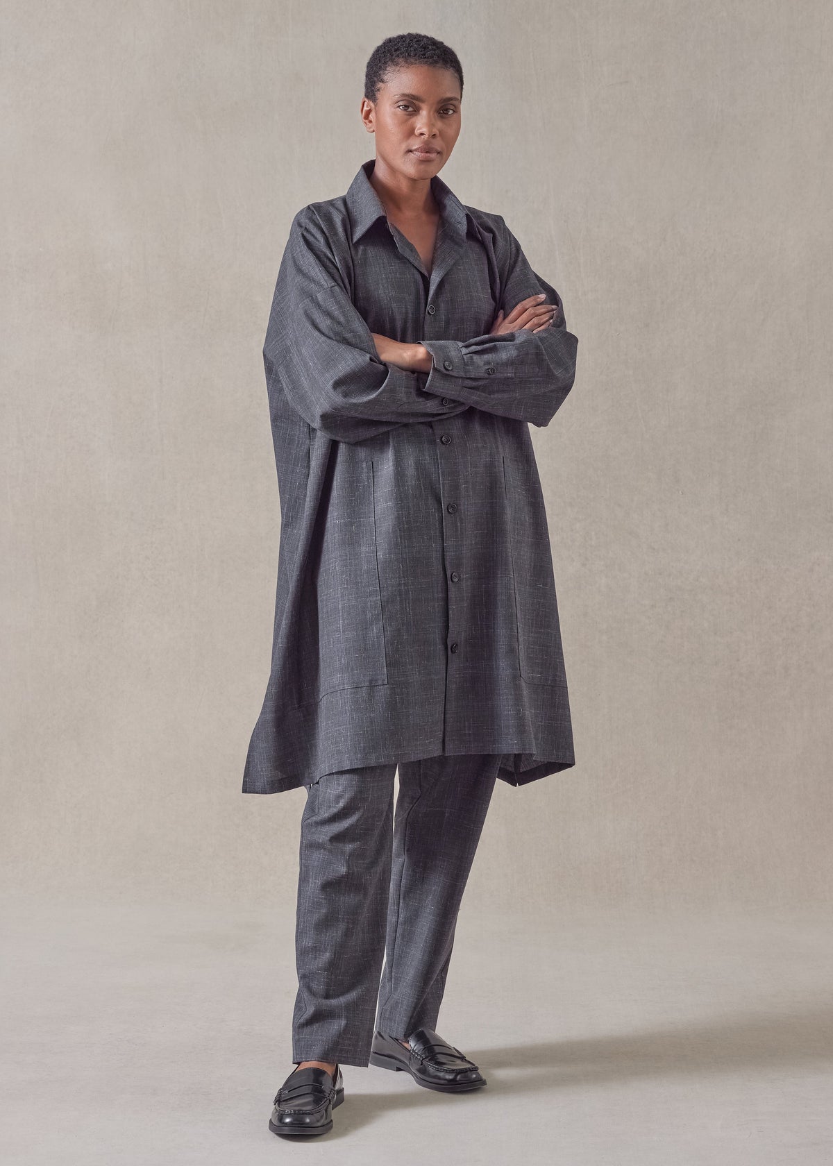 wool linen wide a-line shirt jacket with collar - very long with slits