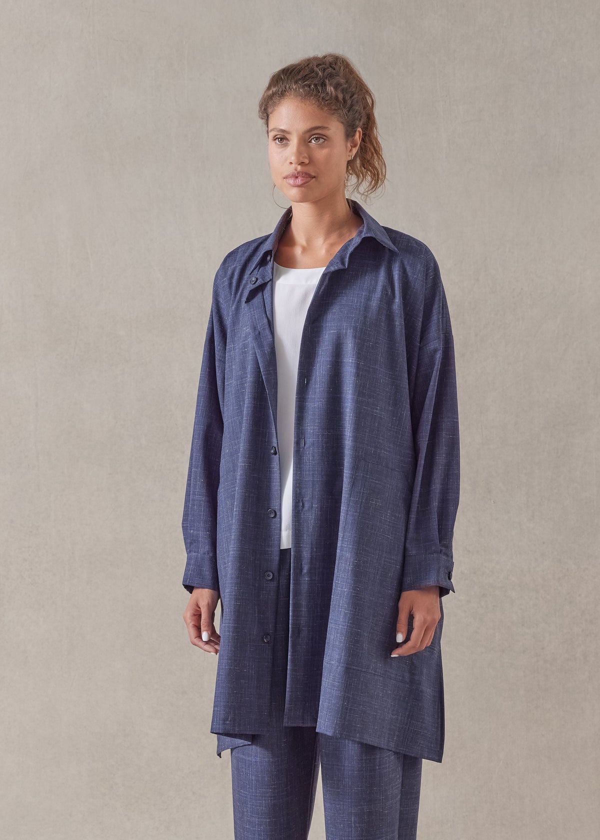 wool linen wide a-line shirt jacket with collar - very long with slits