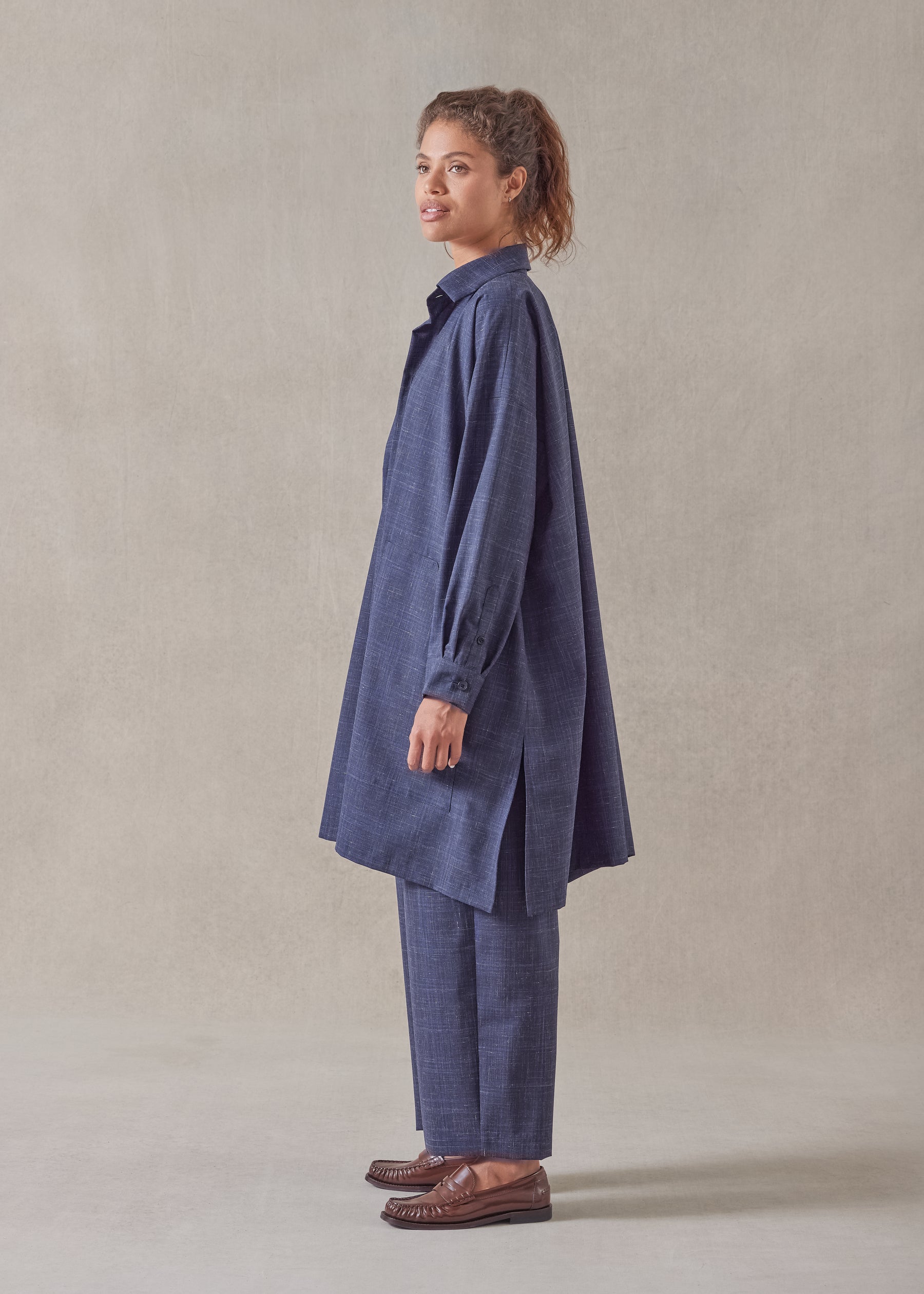 wool linen wide a-line shirt jacket with collar - very long with slits