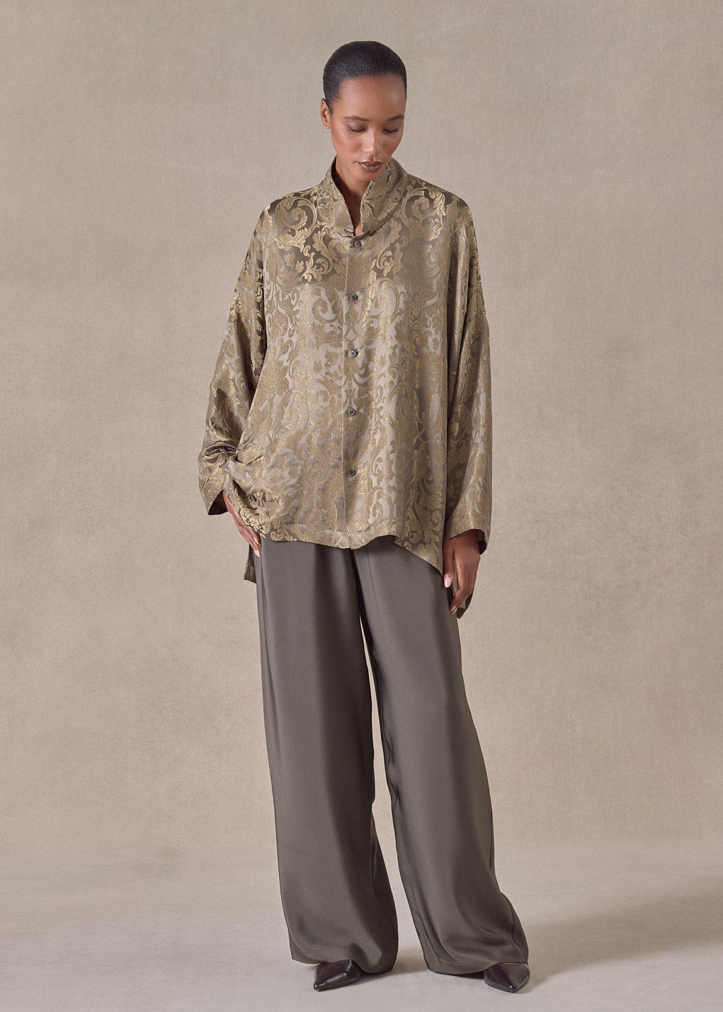 silk mix wide longer back chinese collar shirt - mid plus (olivedark)
