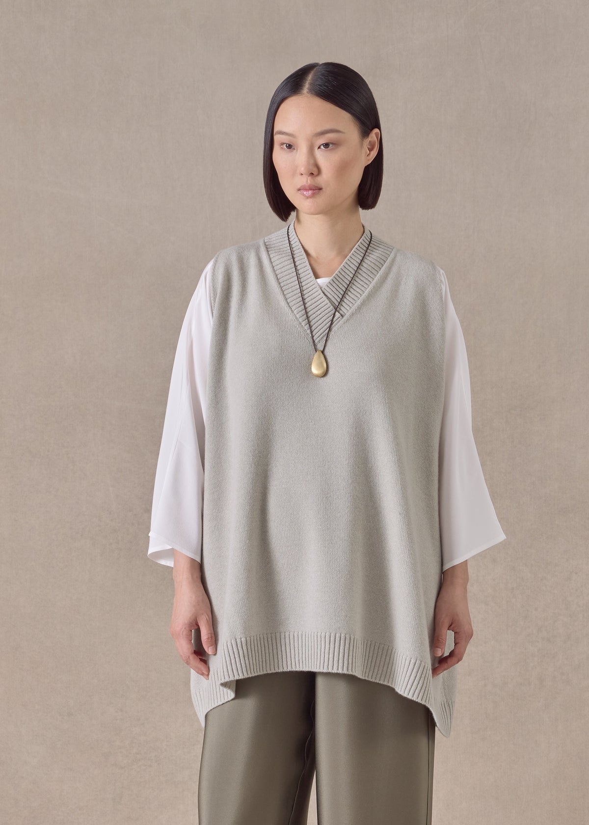 cashmere a-line sleeveless cross over v-neck - long mastic (mastic)