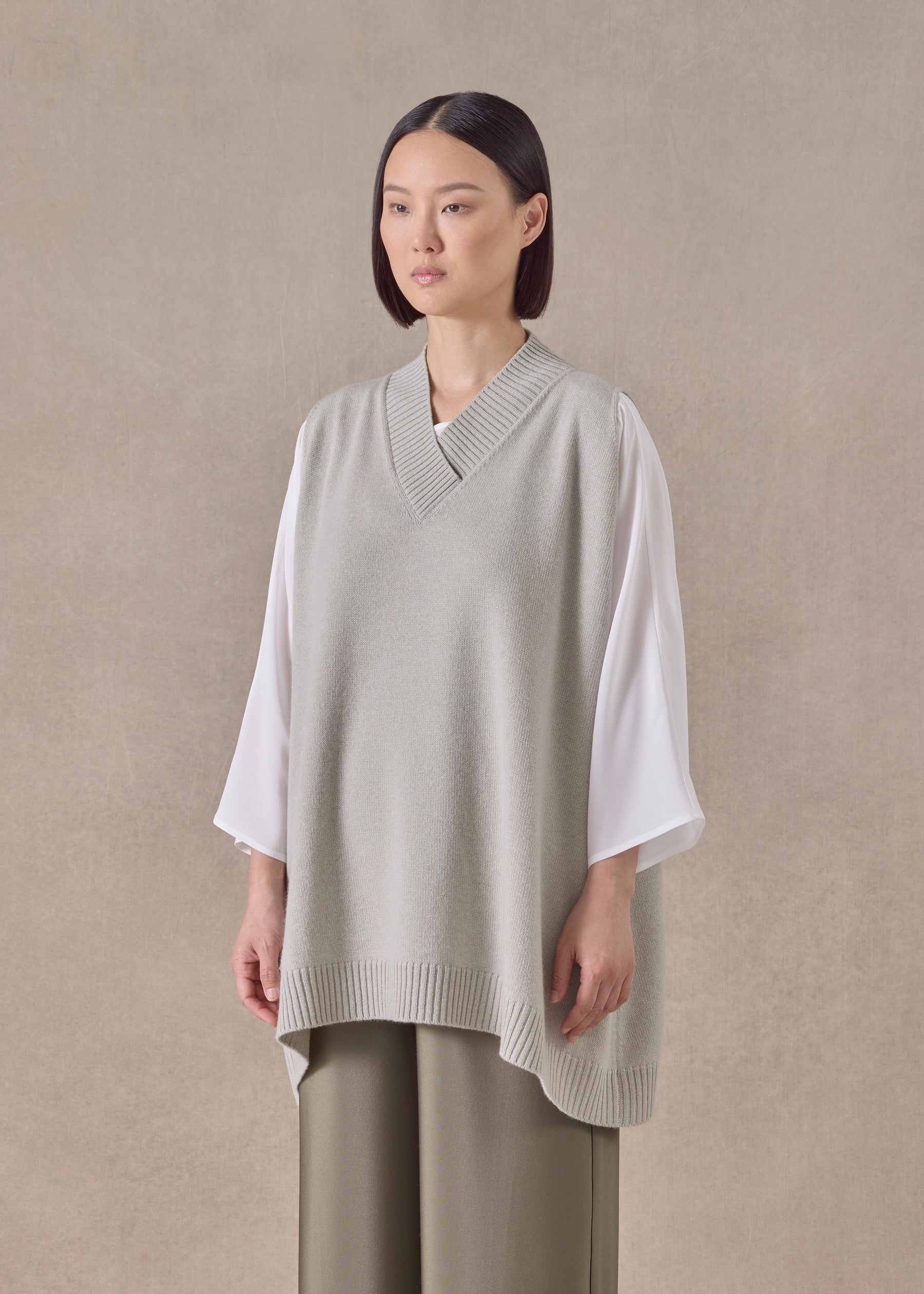 cashmere a-line sleeveless cross over v-neck - long