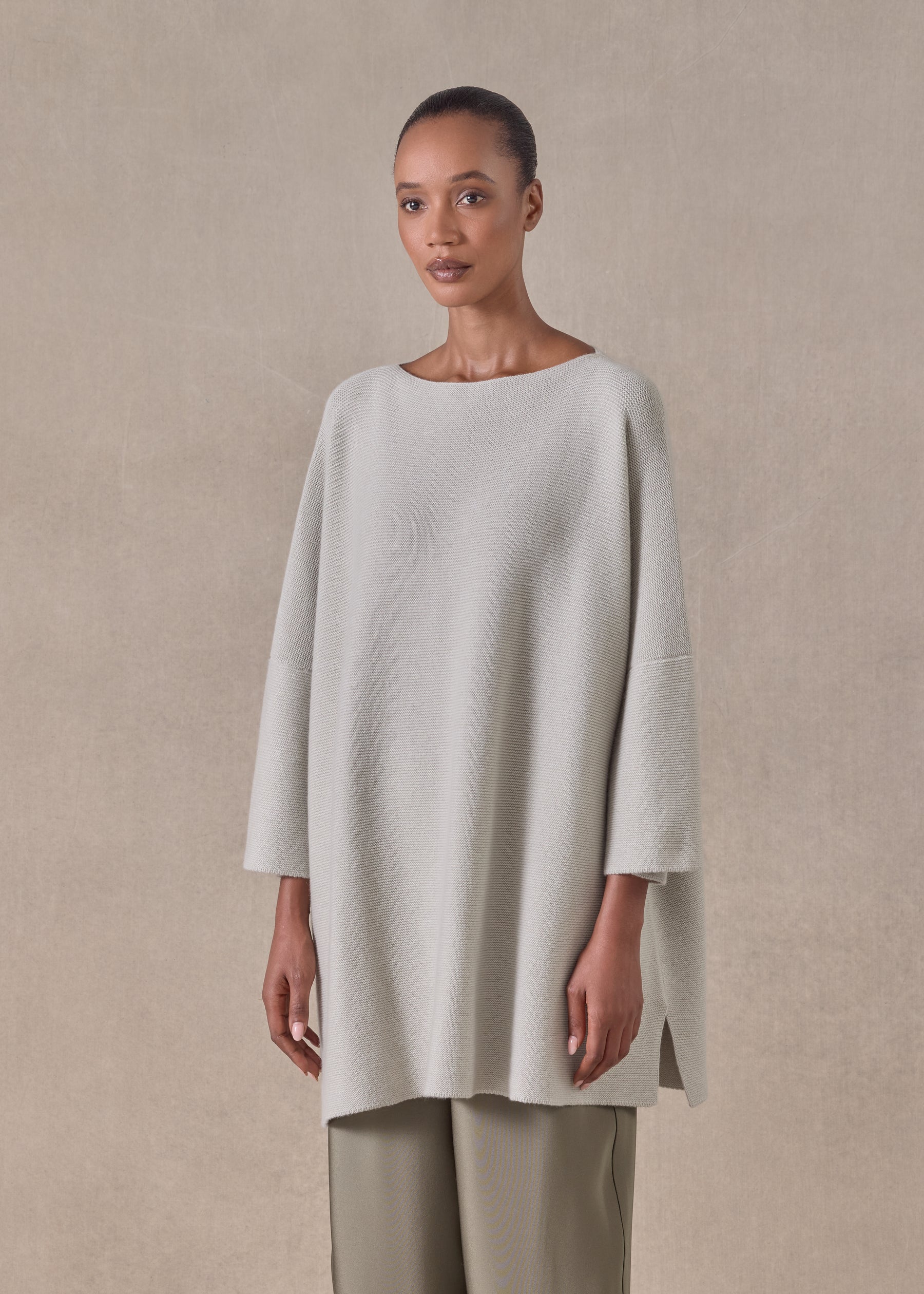 cashmere slash neck 3/4 sleeve sweater - long plus with slits