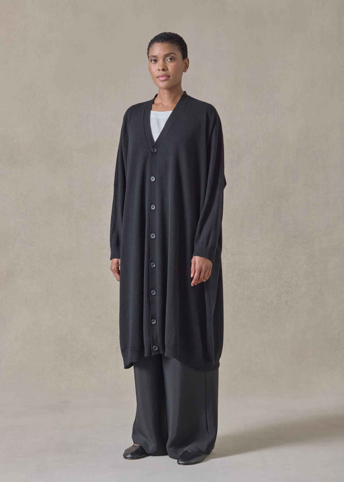 cashmere wide v neck cardigan - 3/4 length