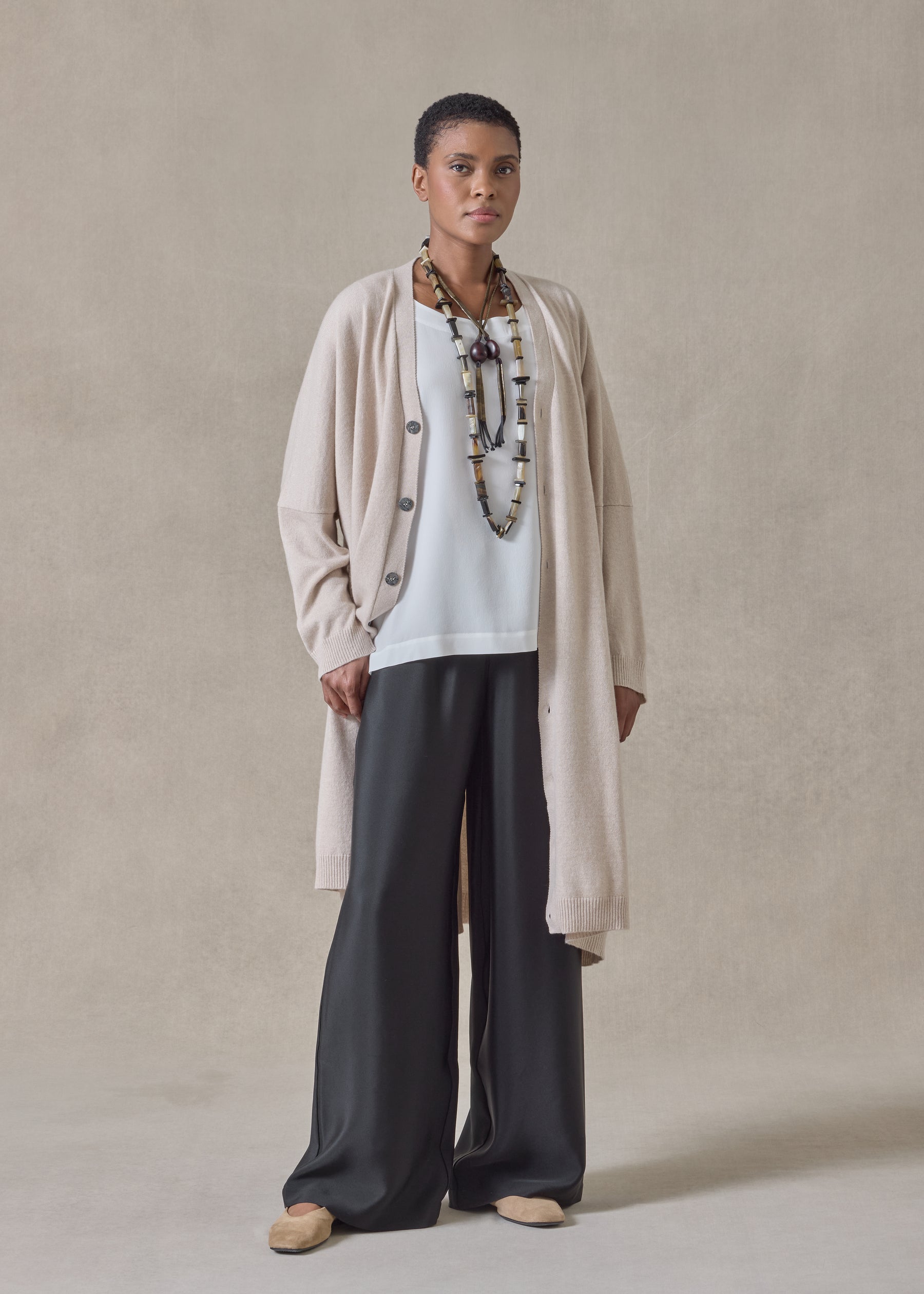 cashmere wide v neck cardigan - 3/4 length