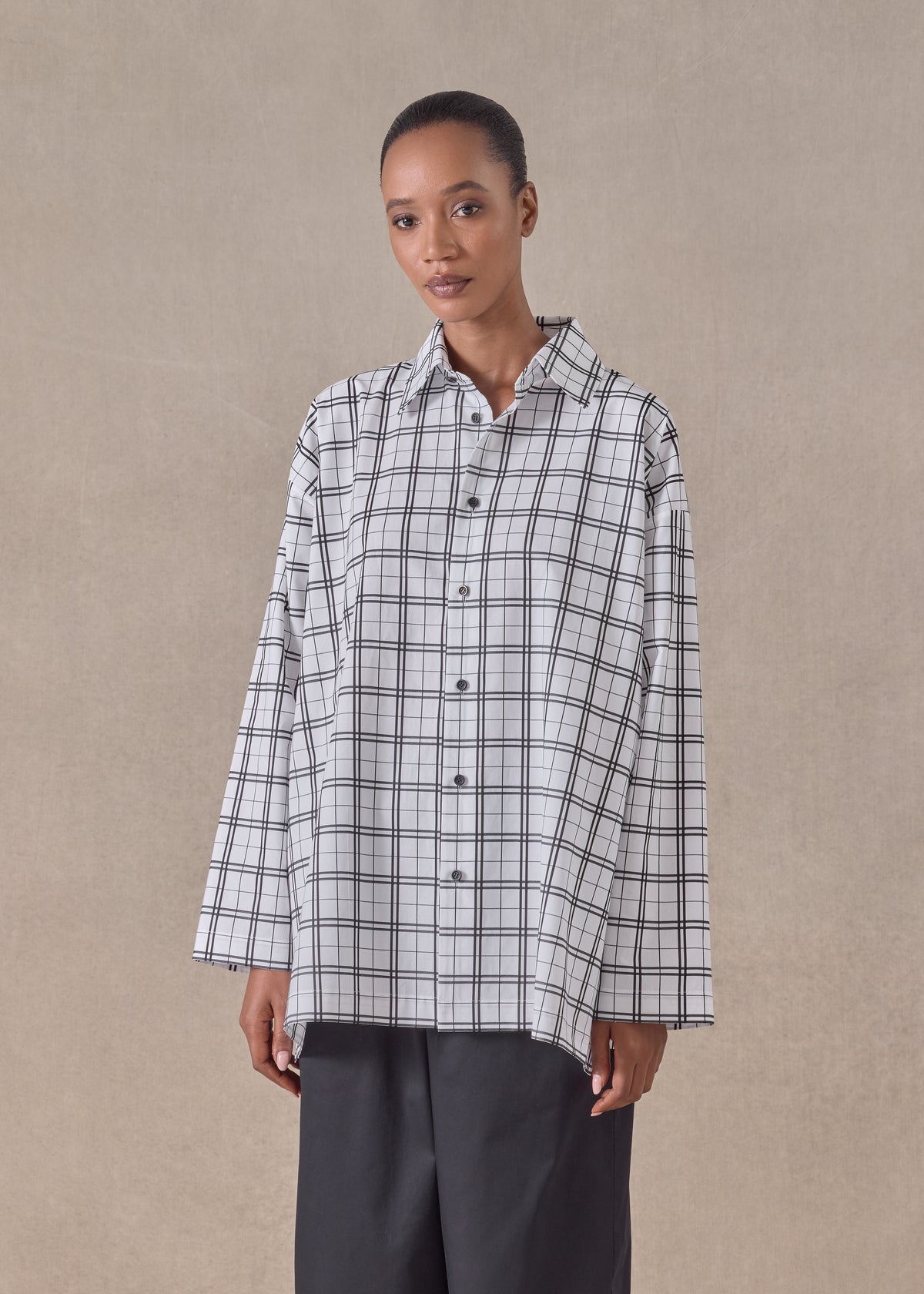 cotton slim a-line shirt with collar and stepped insert - long