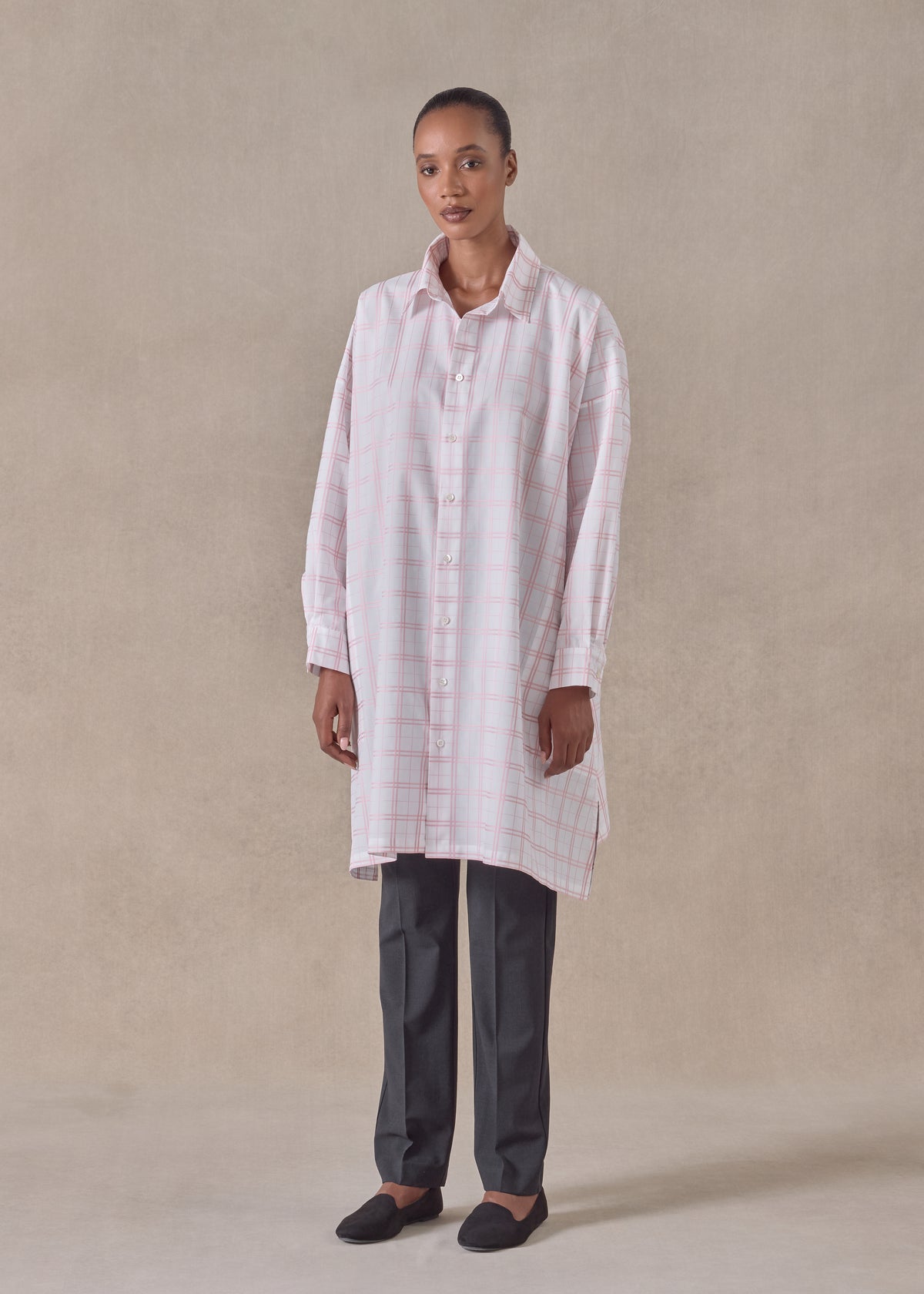 cotton wide a-line shirt with collar - very long with slits