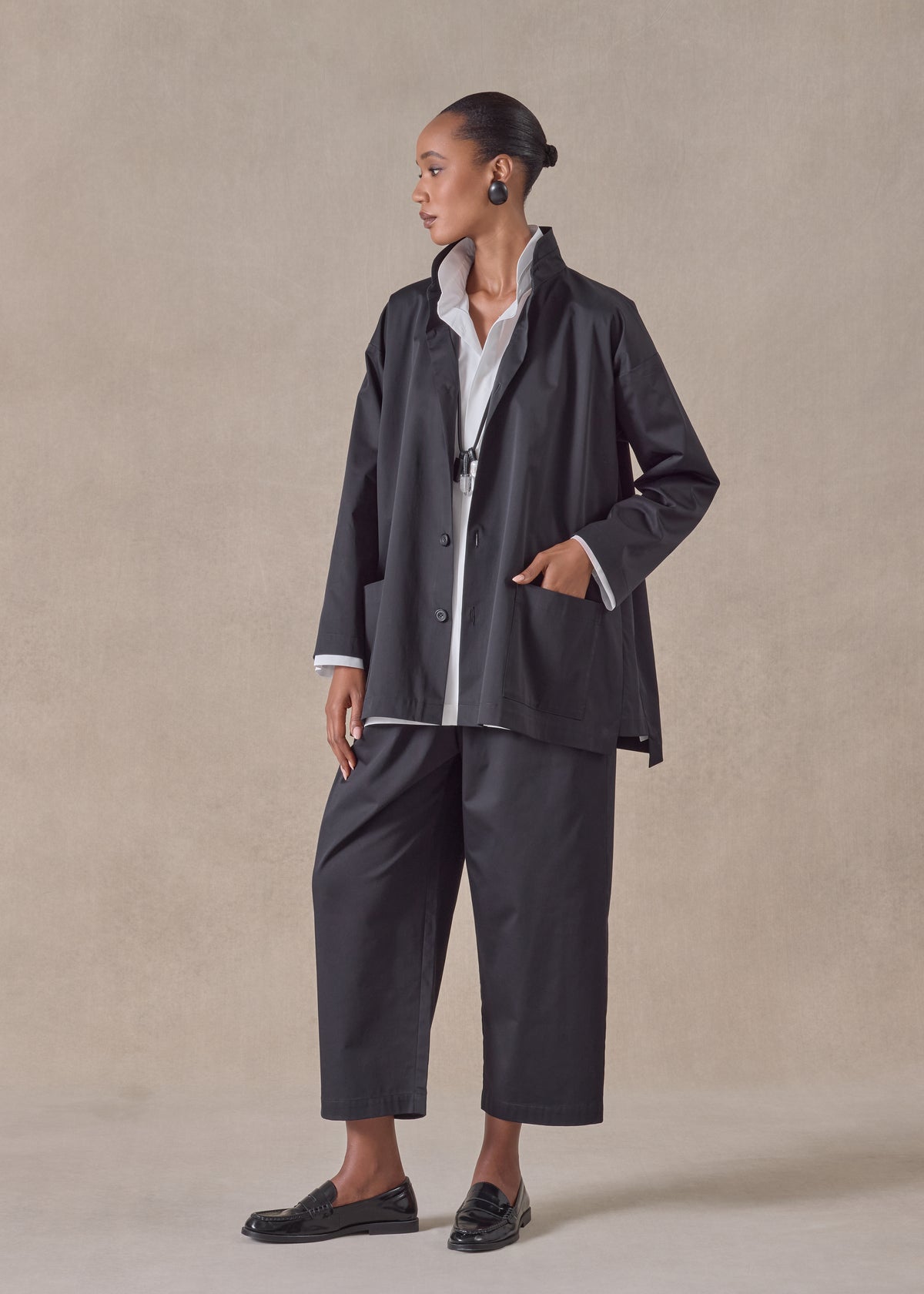 cotton mix silm a-line double stand collar jacket with stepped insert - long
