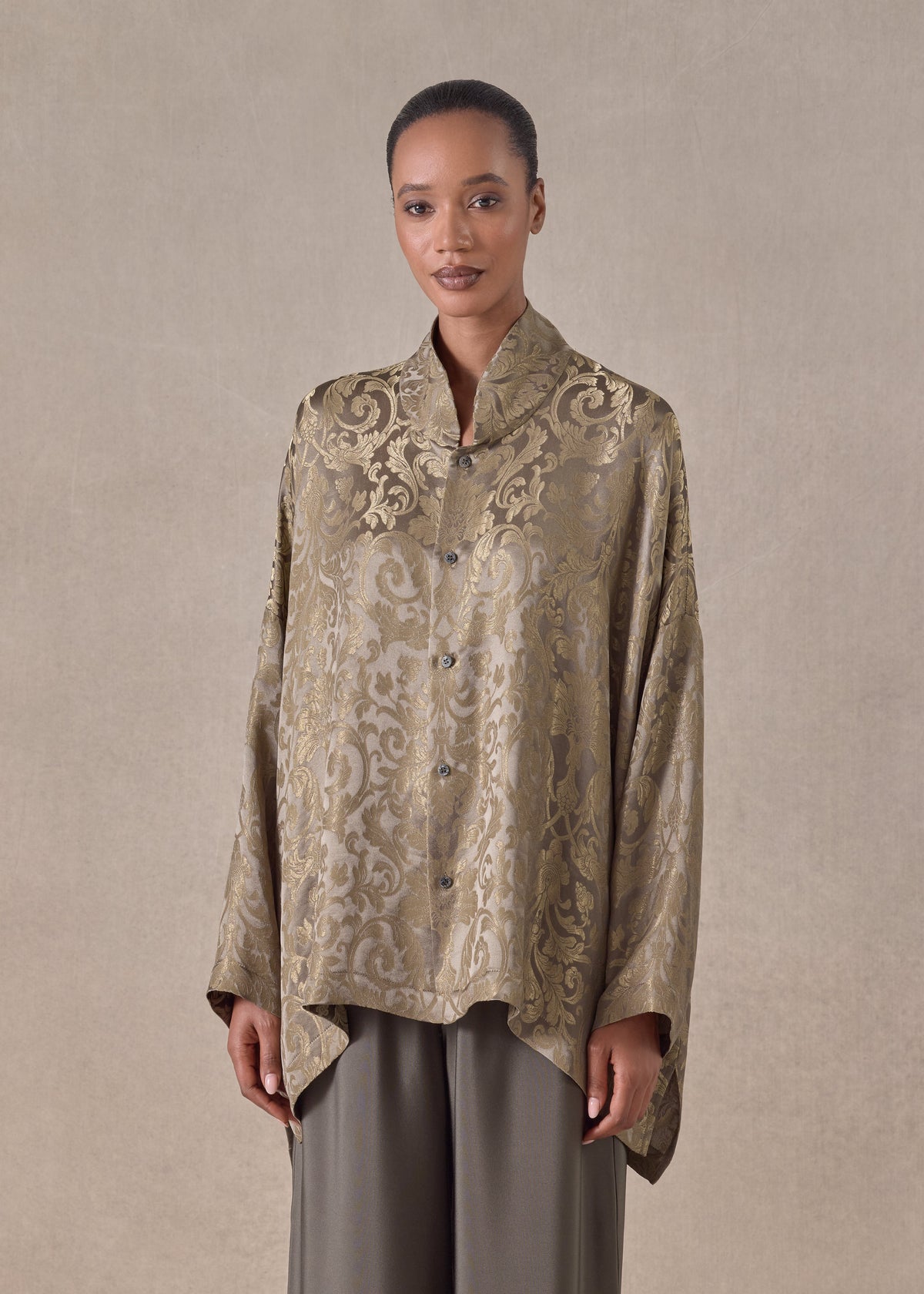 silk mix wide longer back chinese collar shirt - mid plus (olivedark)