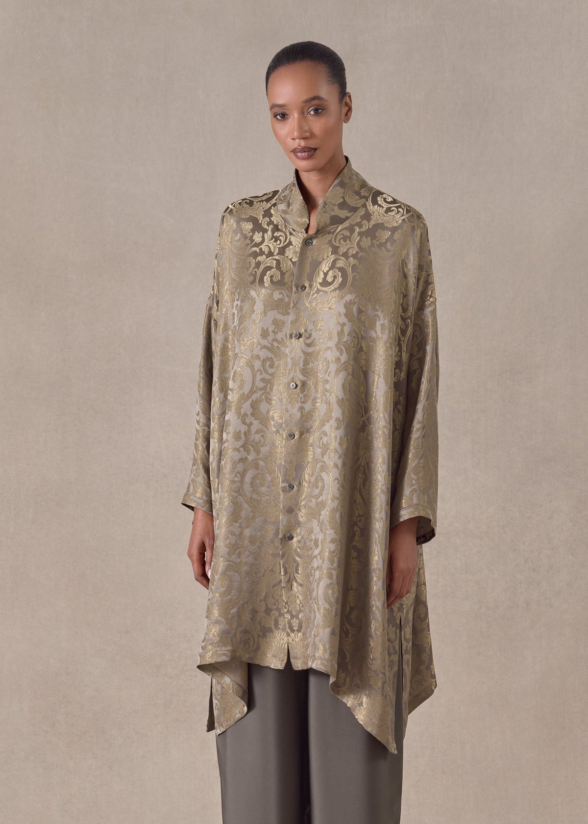 silk mix wide a-line chinese collar shirt - very long with slits (olivedark)