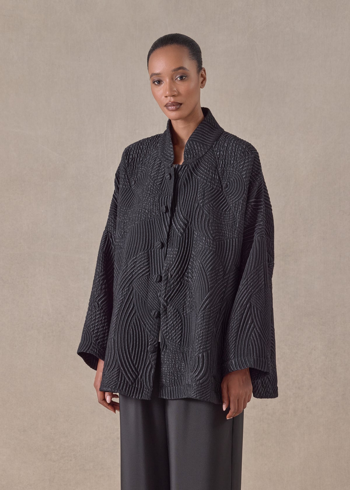 silk wool mix chinese imperial jacket with chinese collar - long