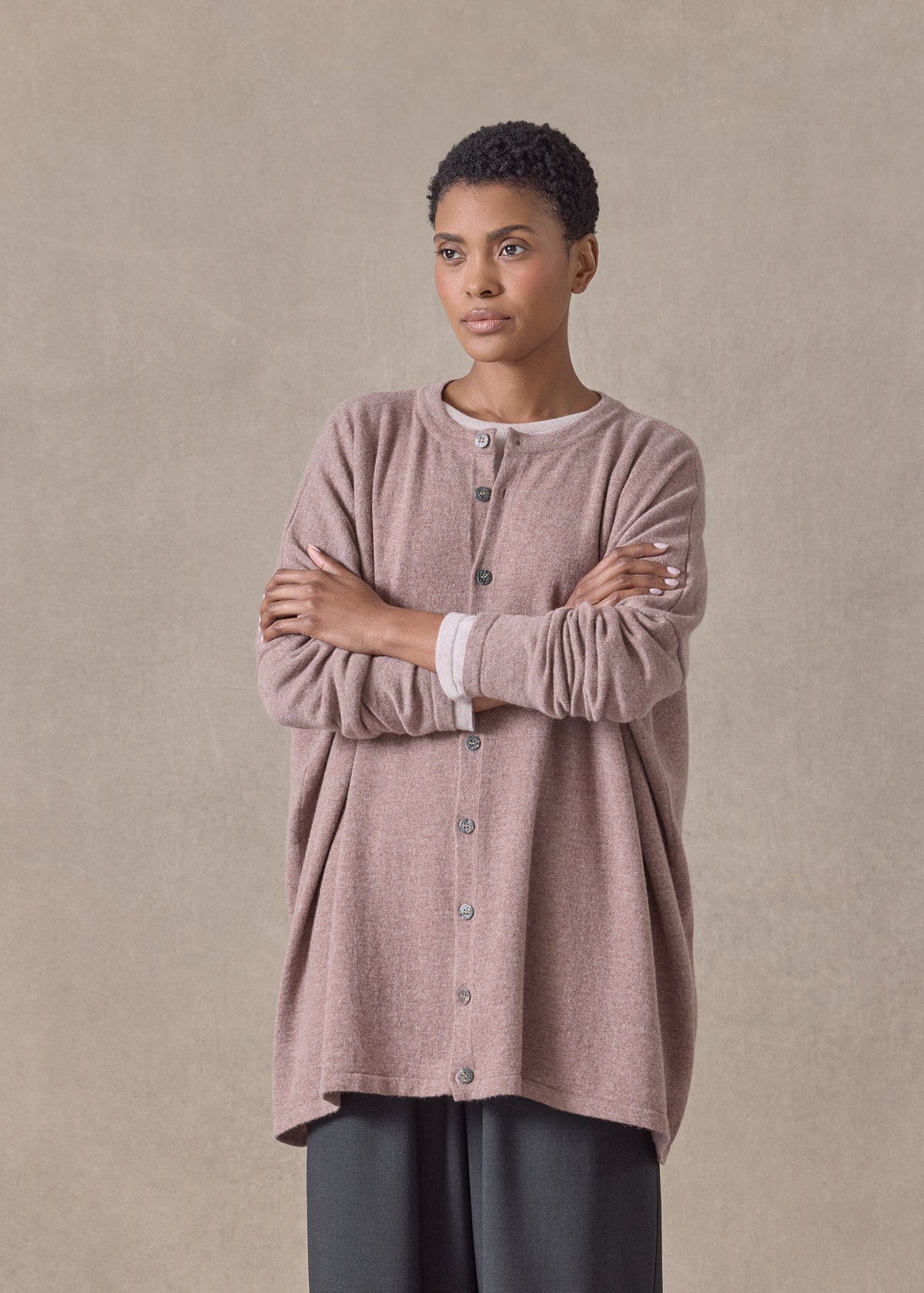 cashmere slim sleeve round neck cardigan - long (smokyquartz)