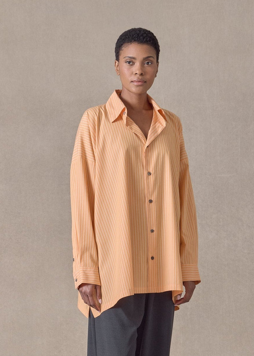 cotton wide a-line shirt with collar - long (tangerine)